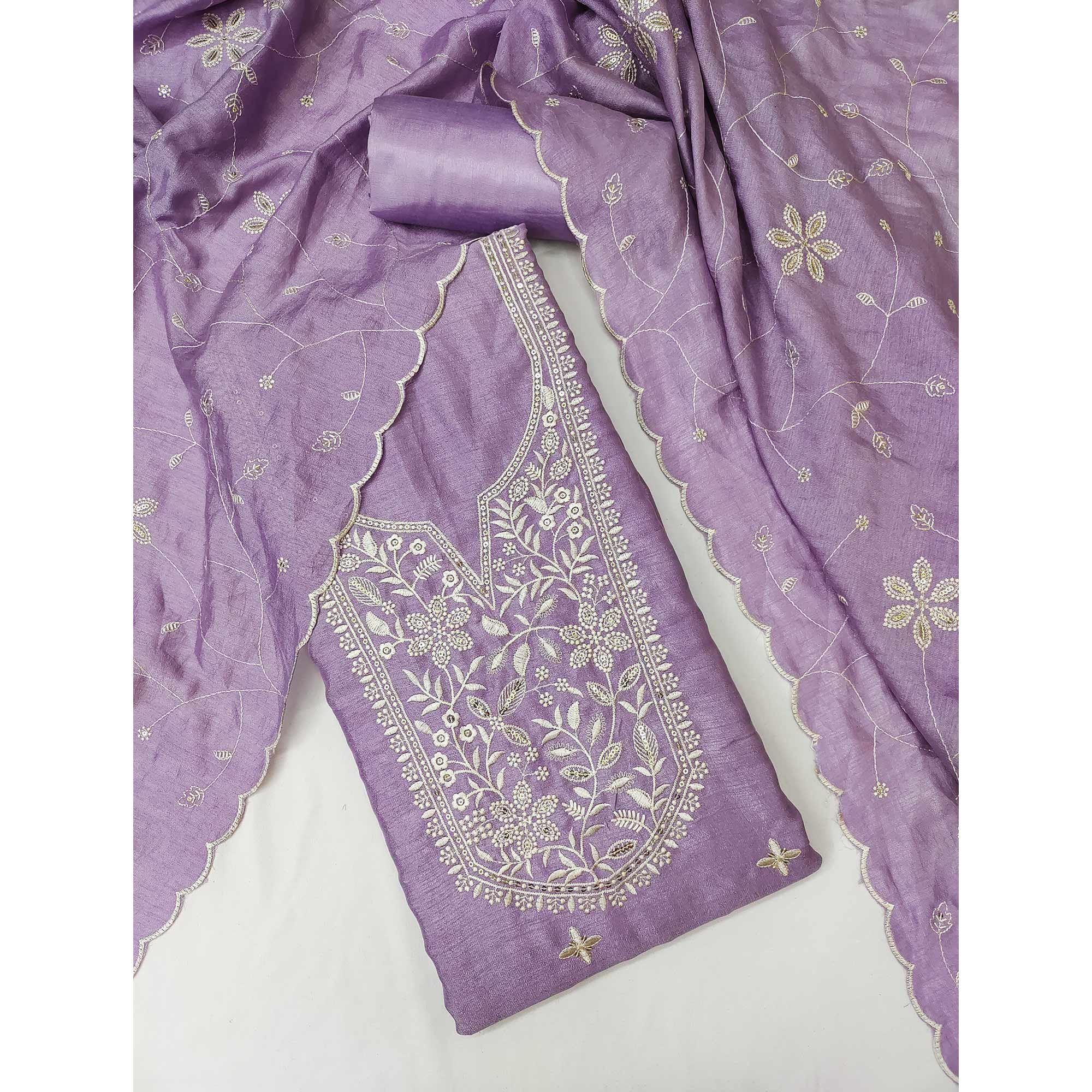 Elegant Lavender Floral Thread Embroidered With Sequins Work Vichitra Silk Dress Material