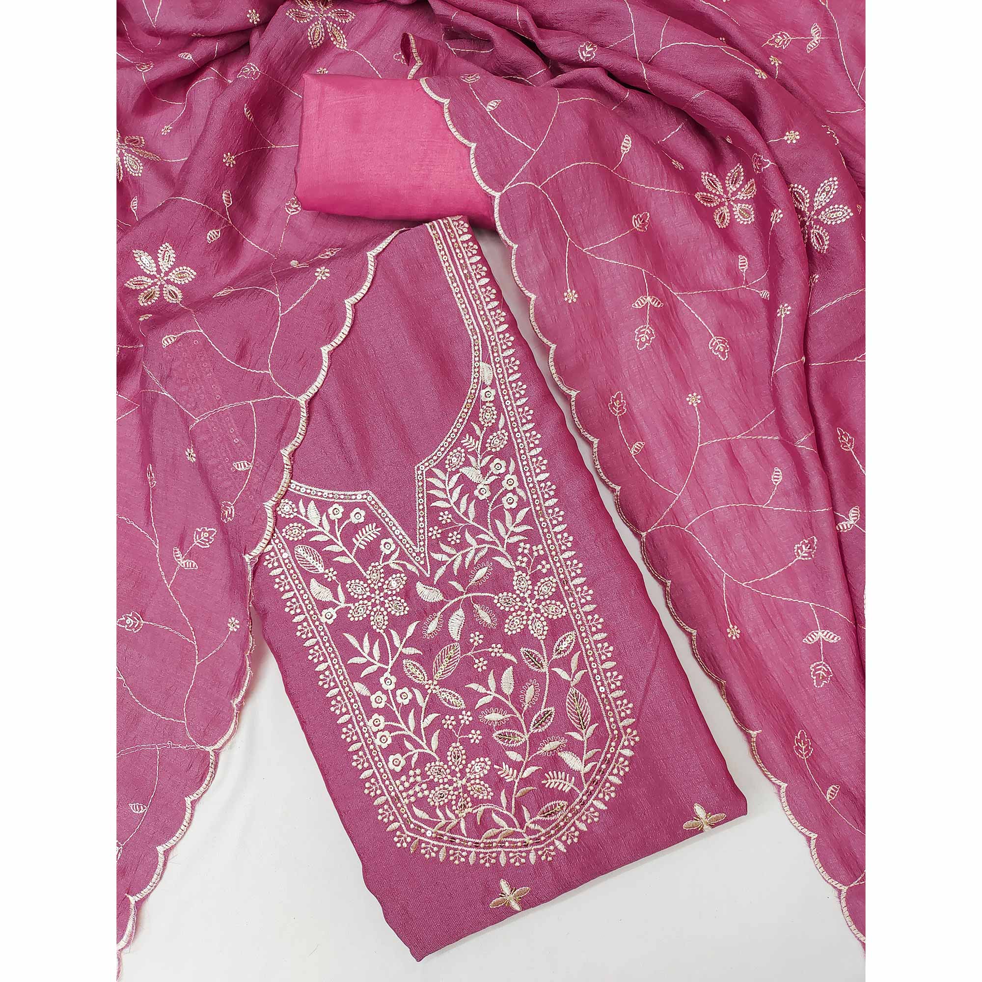 Graceful Pink Vichitra Silk Fabric Featuring Floral Thread & Sequins Work Dress Material