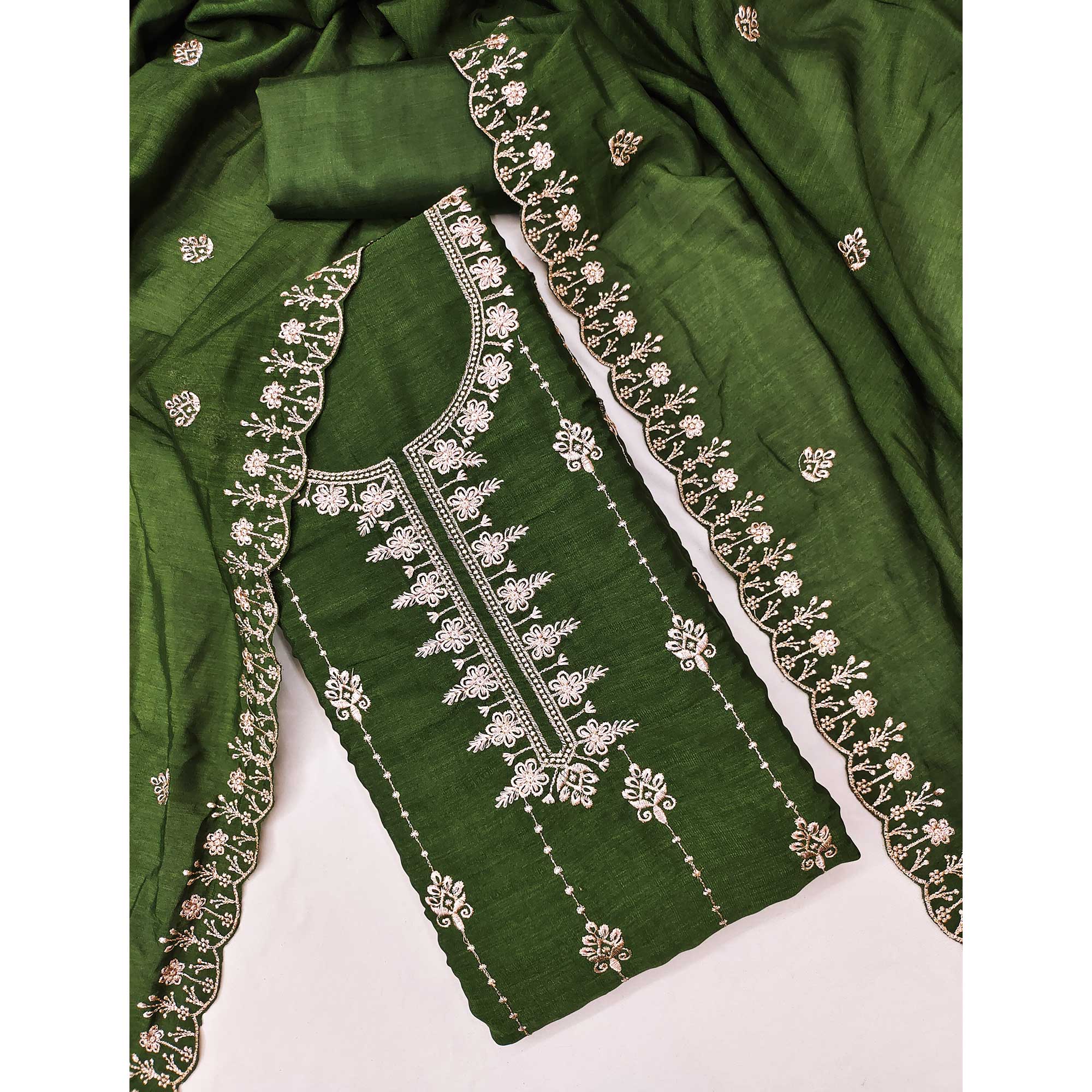 Green Floral Elegance Zari Embroidered Vichitra Silk Dress Material