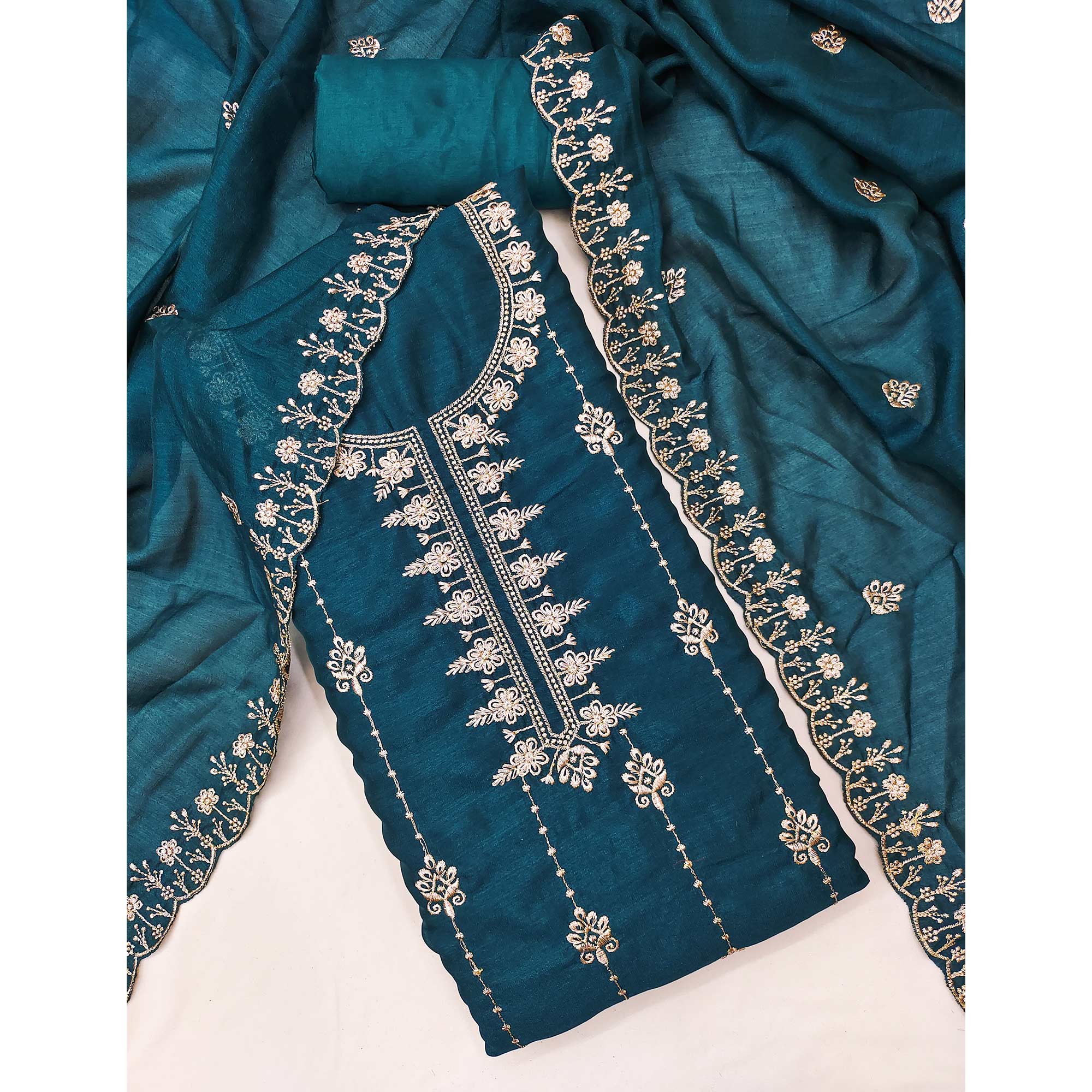 Morpich Blue Floral Elegance Zari Embroidered Vichitra Silk Dress Material