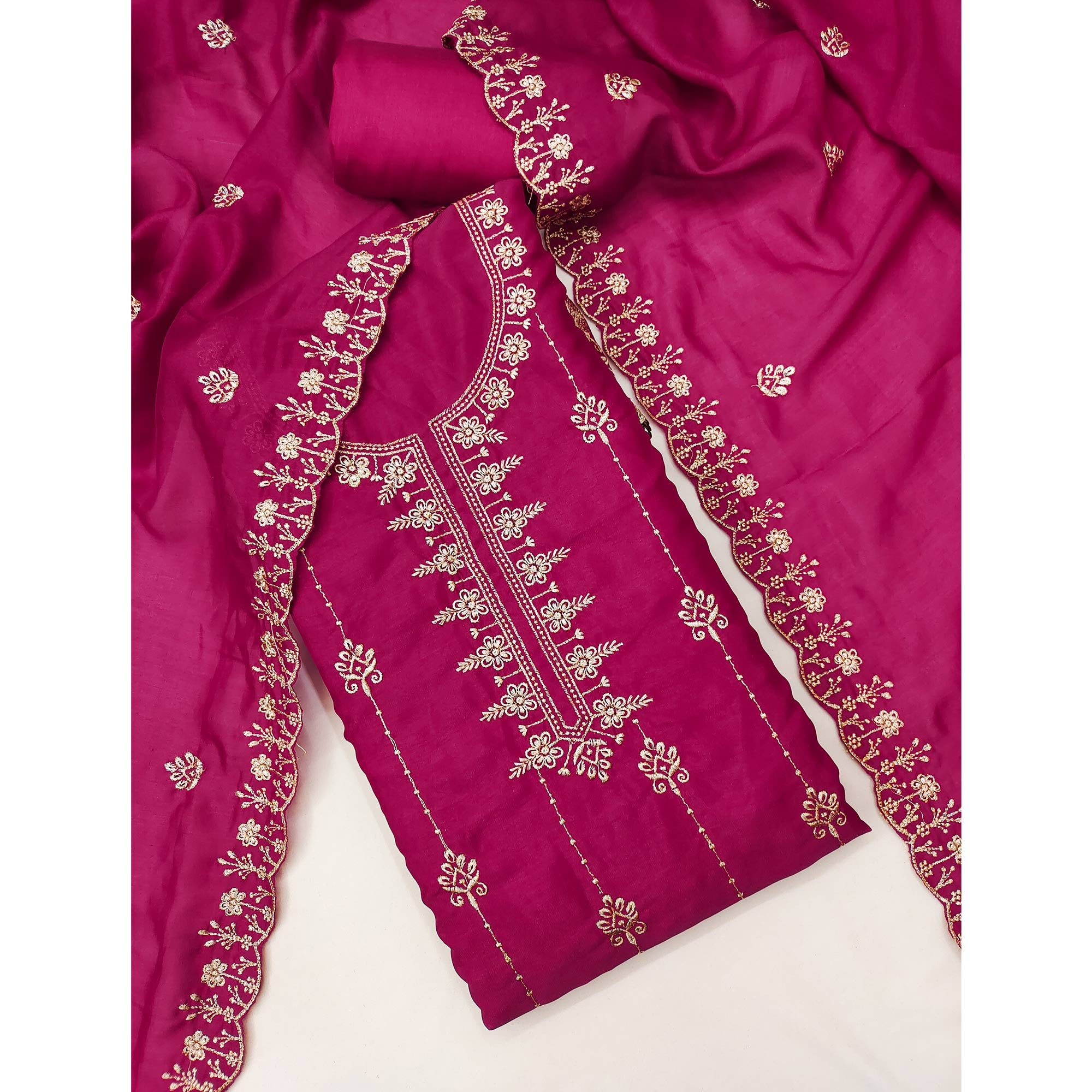 Pink Floral Elegance Zari Embroidered Vichitra Silk Dress Material