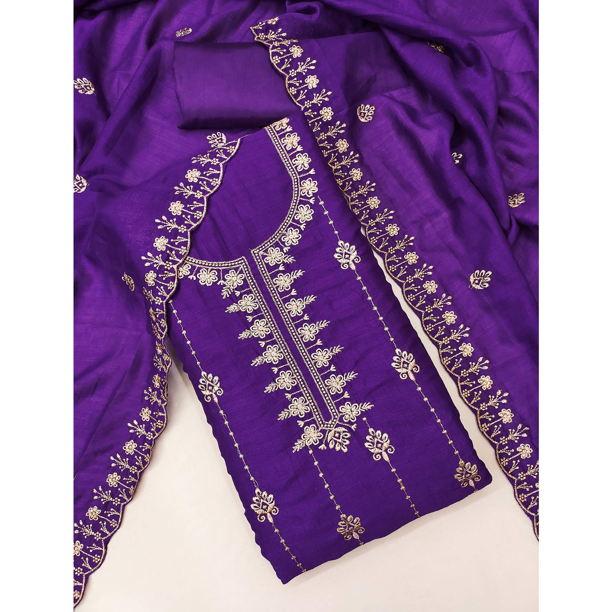Purple Floral Elegance Zari Embroidered Vichitra Silk Dress Material