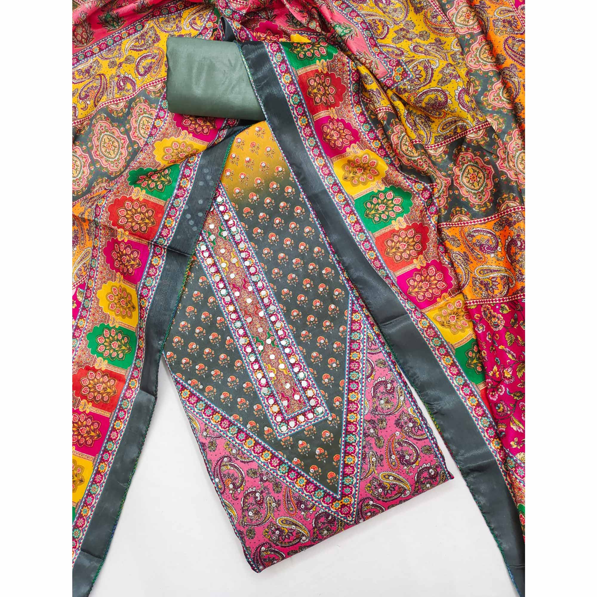 Grey Floral Printed Chinon Dress Material Embellished With Mirror & Stone Work