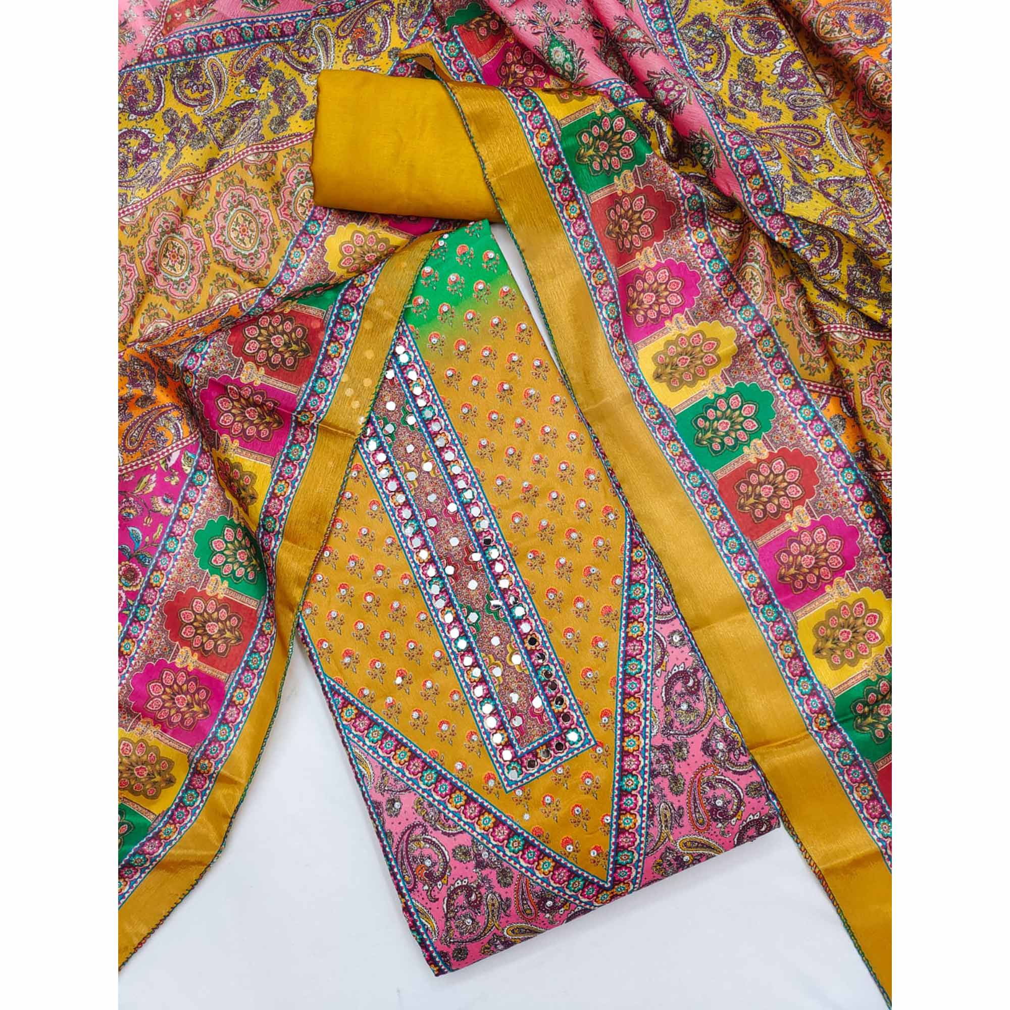 Mustard Floral Printed Chinon Dress Material Embellished With Mirror & Stone Work
