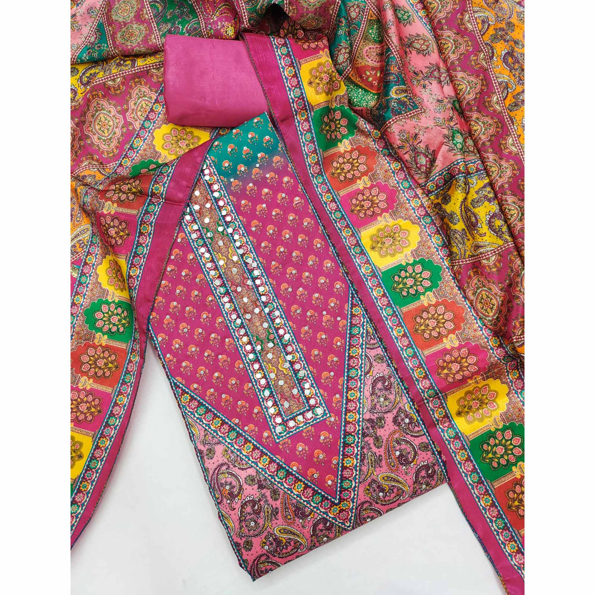 Pink Floral Printed Chinon Dress Material Embellished With Mirror & Stone Work