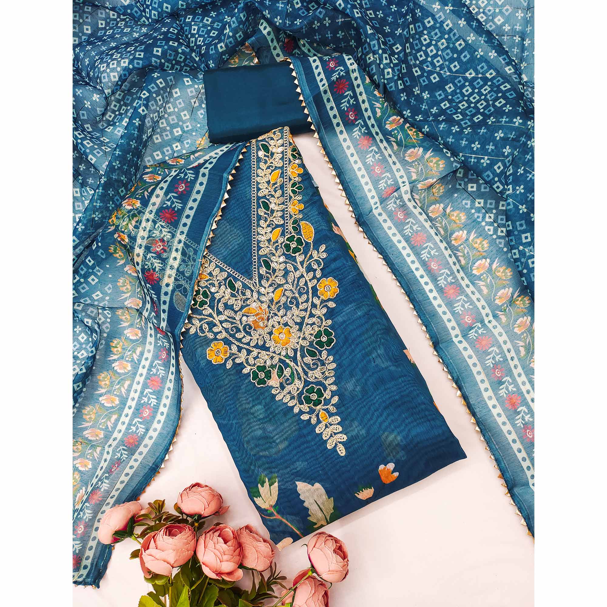 Blue Chanderi Silk Dress Material With Digital Floral Print & Cording Embroidery Work