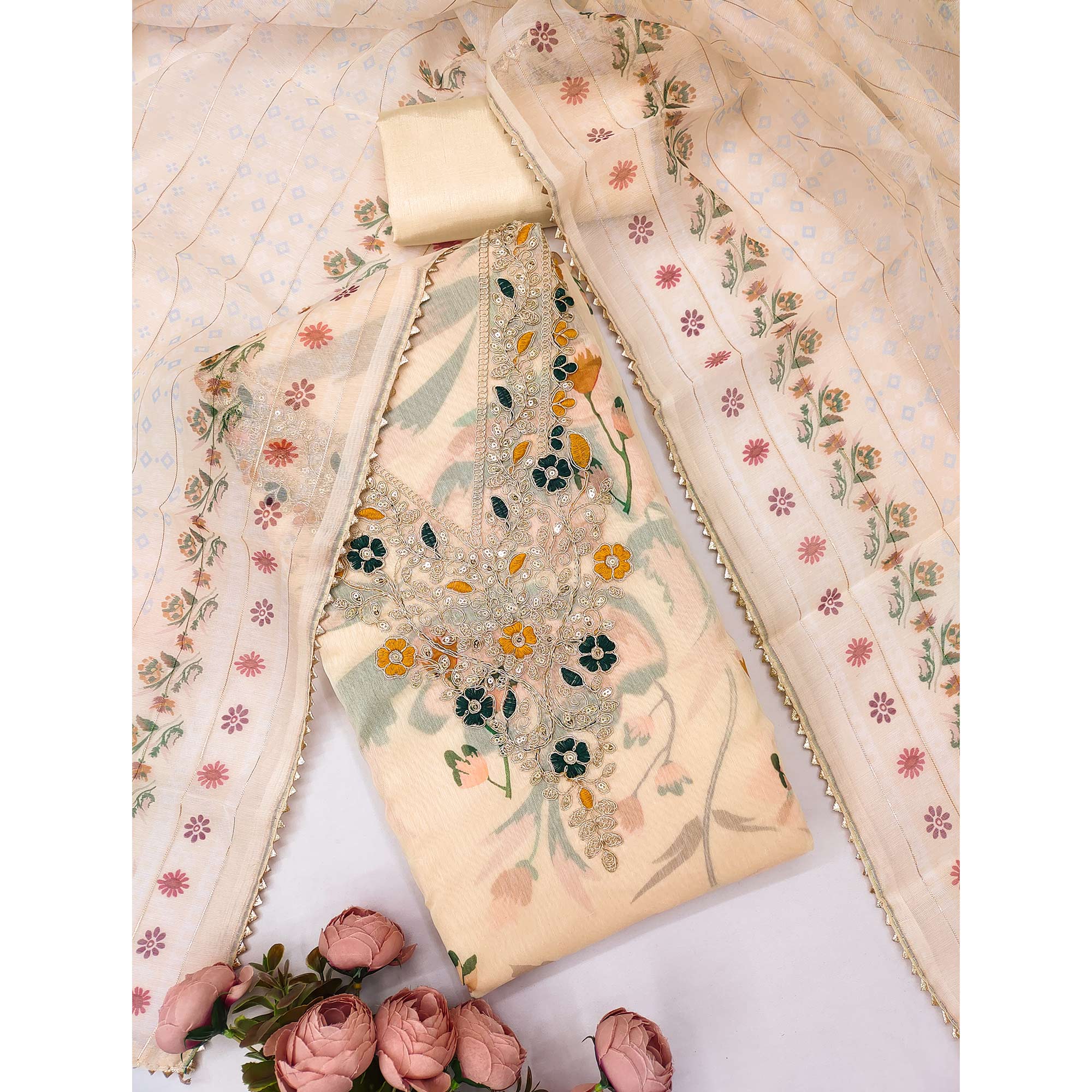 Cream Chanderi Silk Dress Material With Digital Floral Print & Cording Embroidery Work