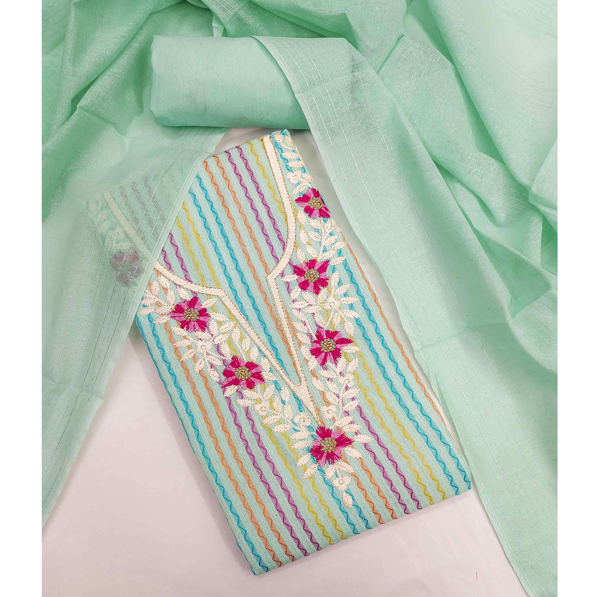 Sea Green Cotton Blend Dress Material Highlighted With Floral Embroidery & Modern Stripes