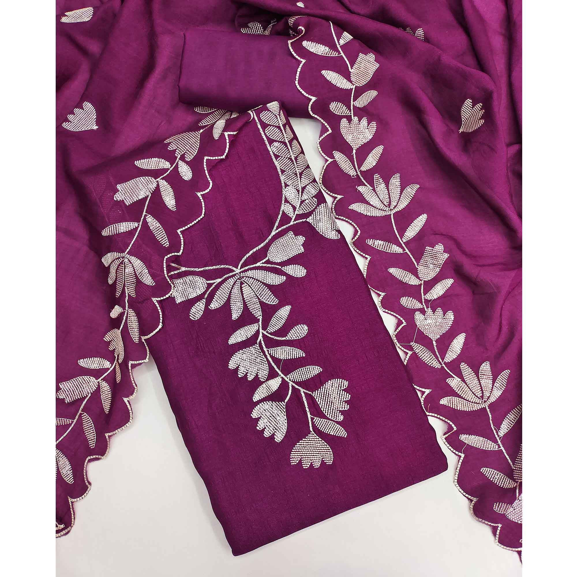 Purple Vichitra Silk Dress Material Accented With Delicate Floral Thread Embroidery & Sequins