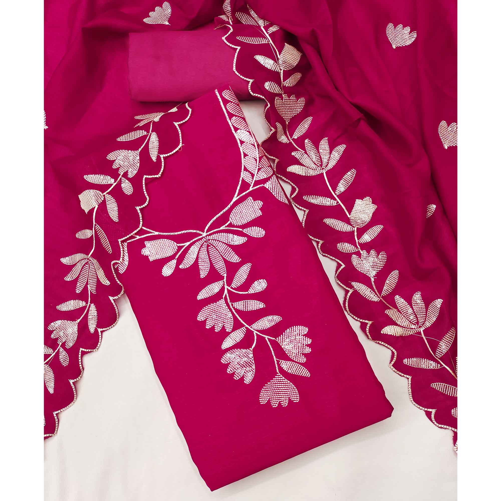 Rani Pink Vichitra Silk Dress Material Accented With Delicate Floral Thread Embroidery & Sequins