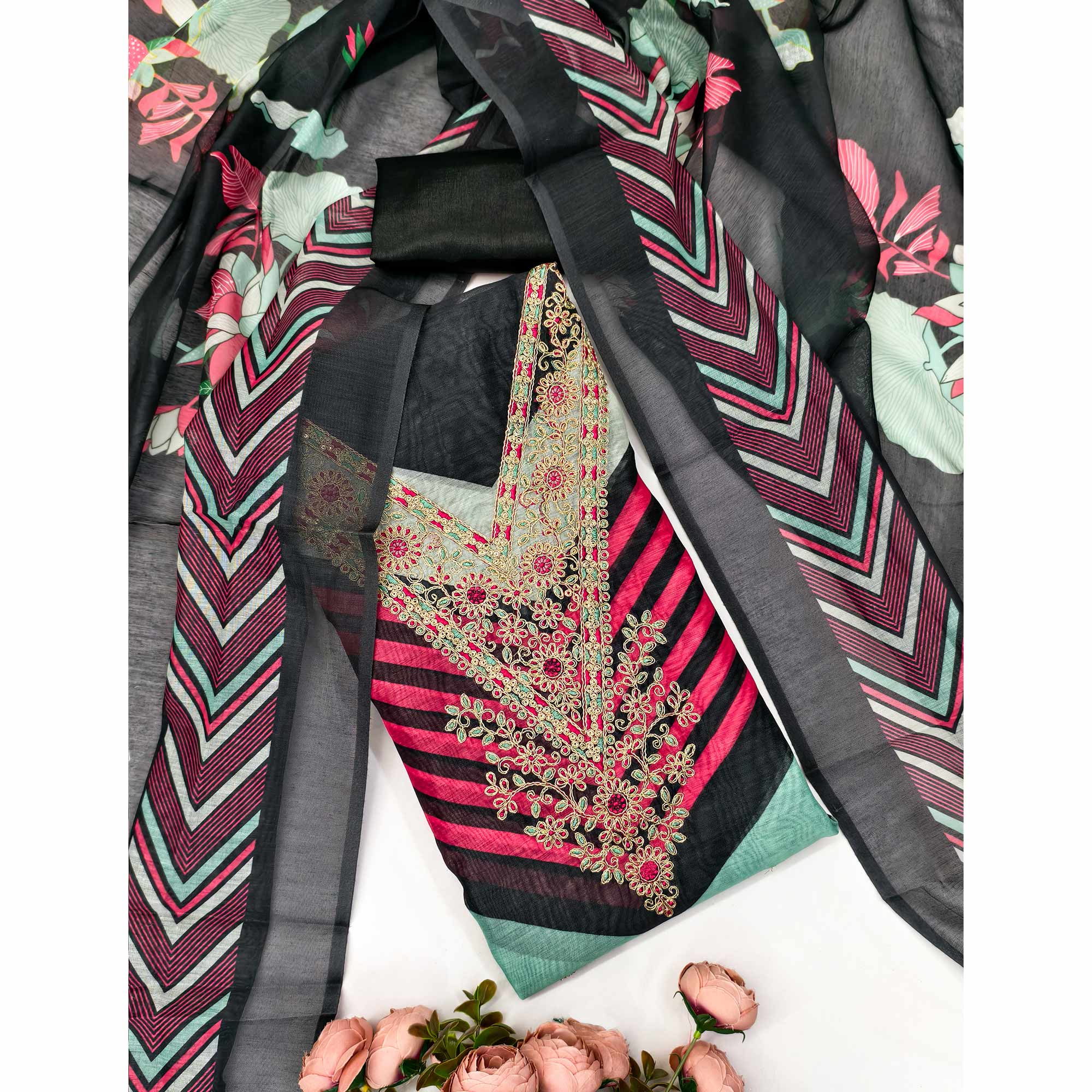 Black Floral Digital Printed With Cording Embroidered Vichitra Silk Dress Material