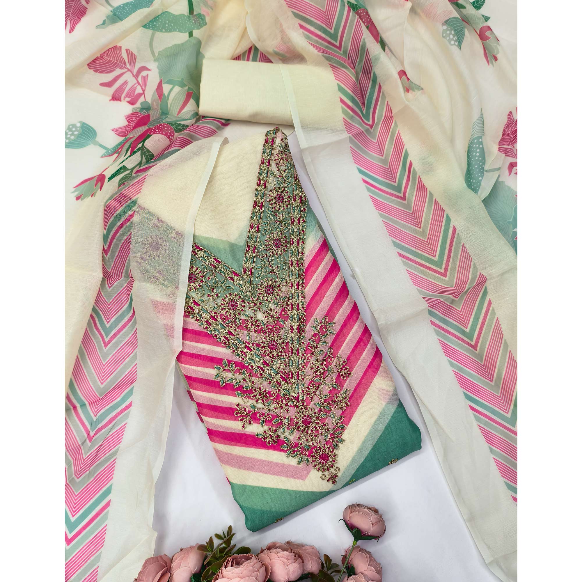 Cream Floral Digital Printed With Cording Embroidered Vichitra Silk Dress Material