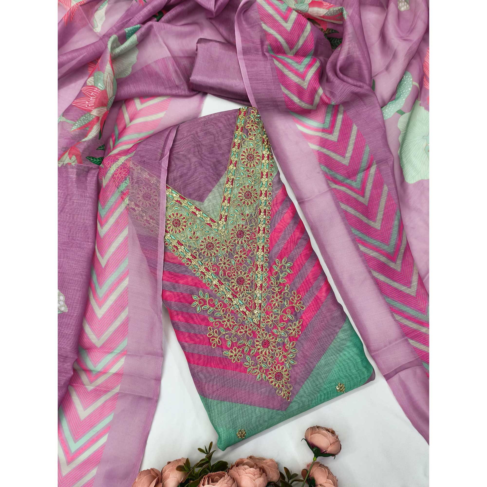 Lavender Floral Digital Printed With Cording Embroidered Vichitra Silk Dress Material