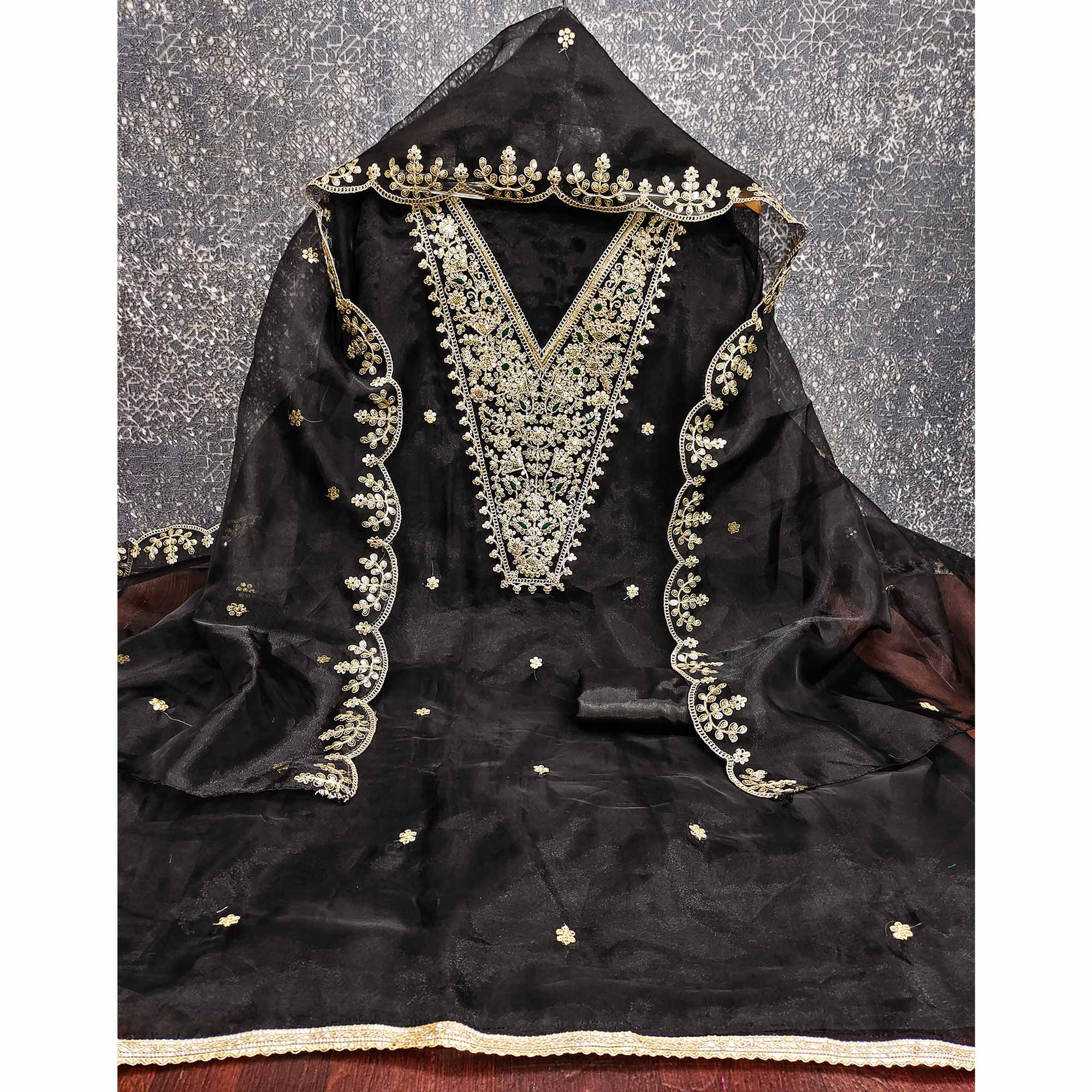 Black Organza Fabric With Delicate Floral Cording Embroidery & Shimmering Sequins Work