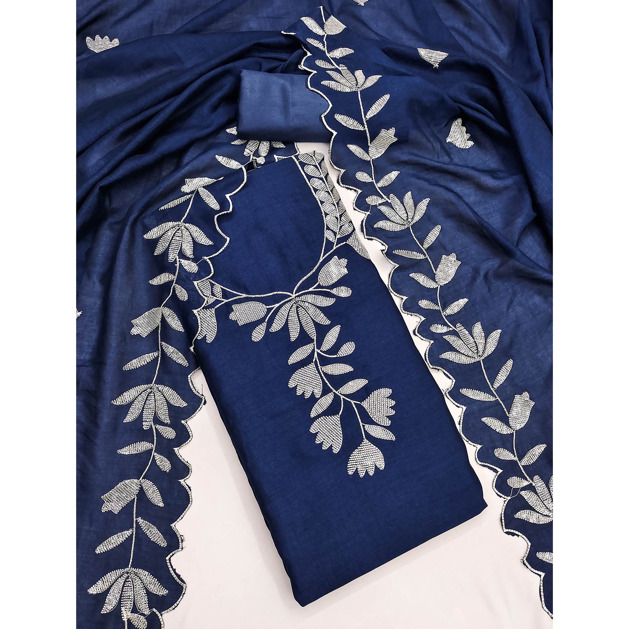 Blue Vichitra Silk Dress Material With Delicate Floral Embroidery & Shimmering Sequins Work