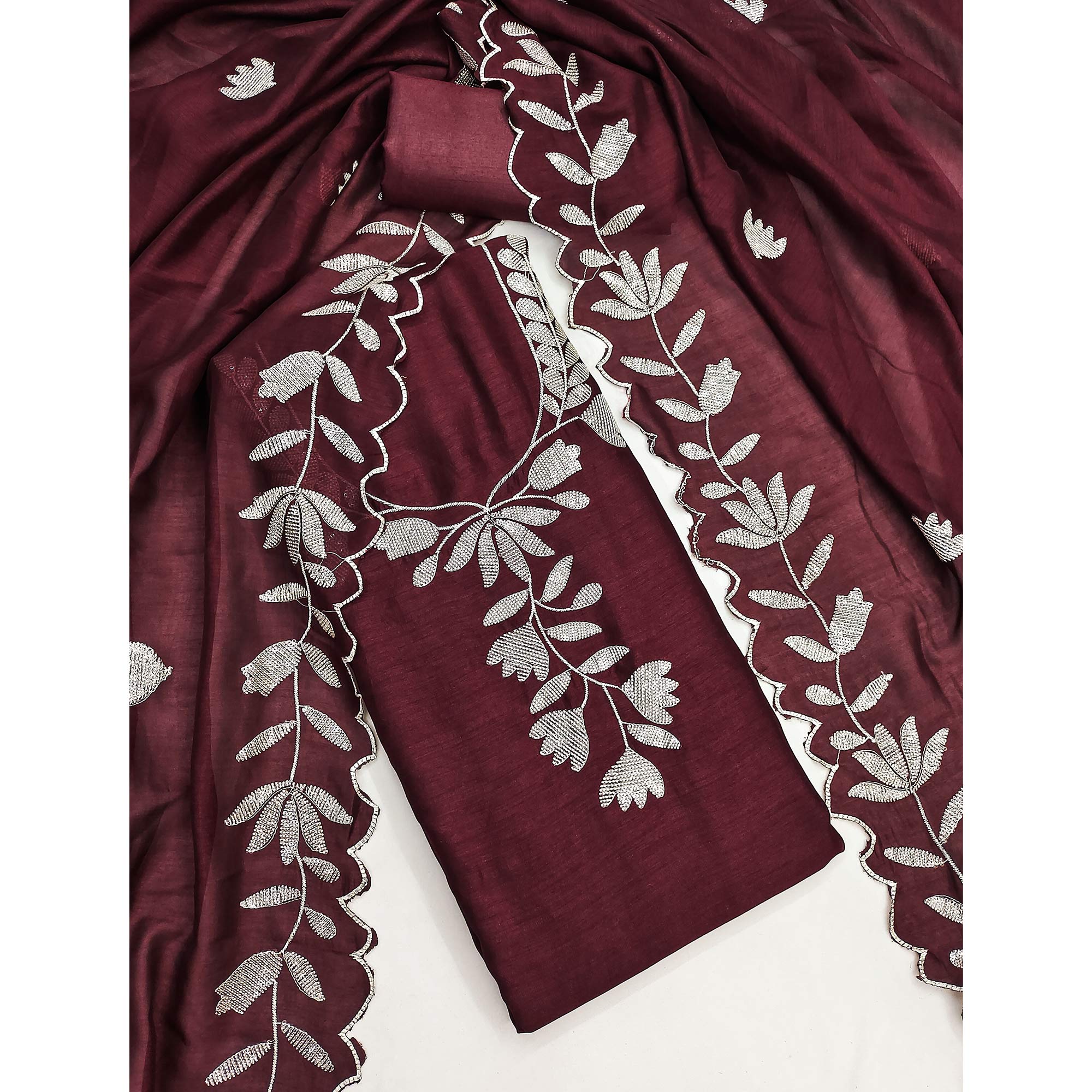 Maroon Vichitra Silk Dress Material With Delicate Floral Embroidery & Shimmering Sequins Work