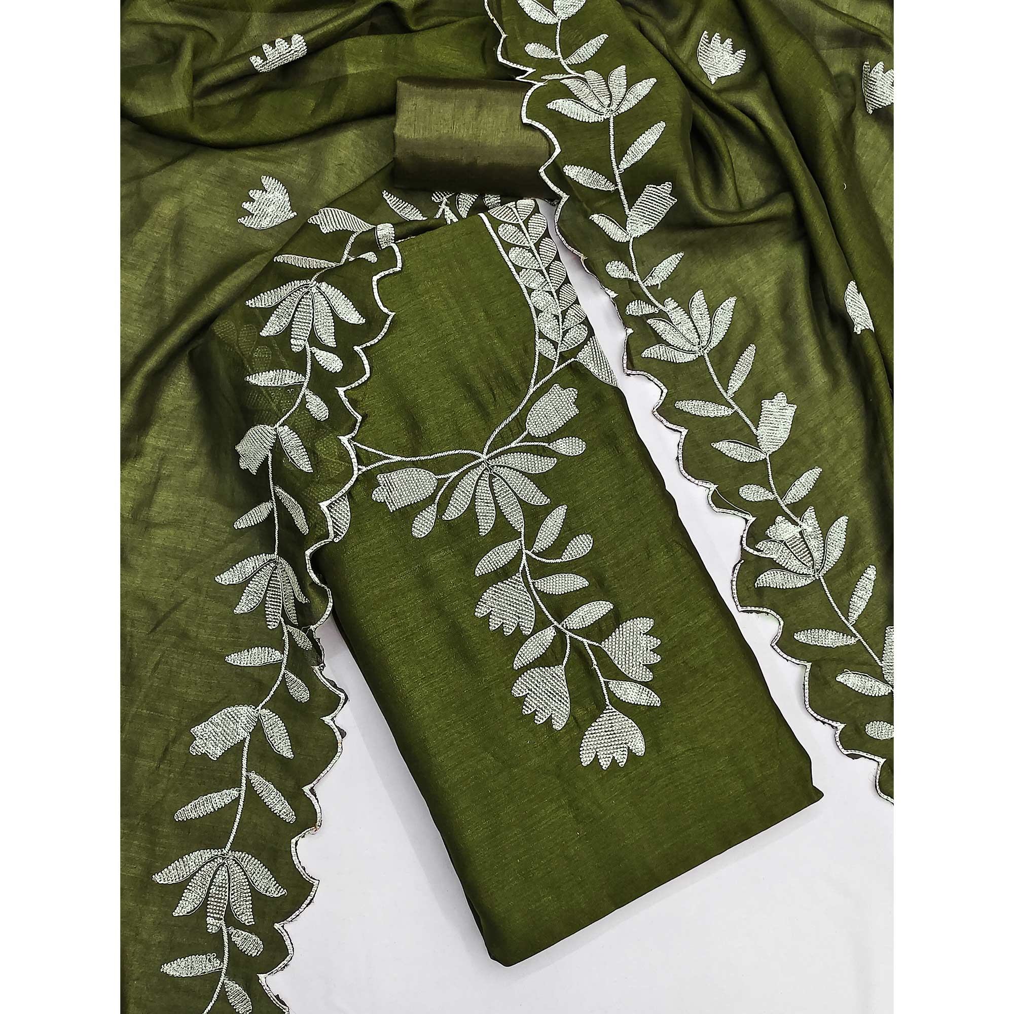 Mehendi Green Vichitra Silk Dress Material With Delicate Floral Embroidery & Shimmering Sequins