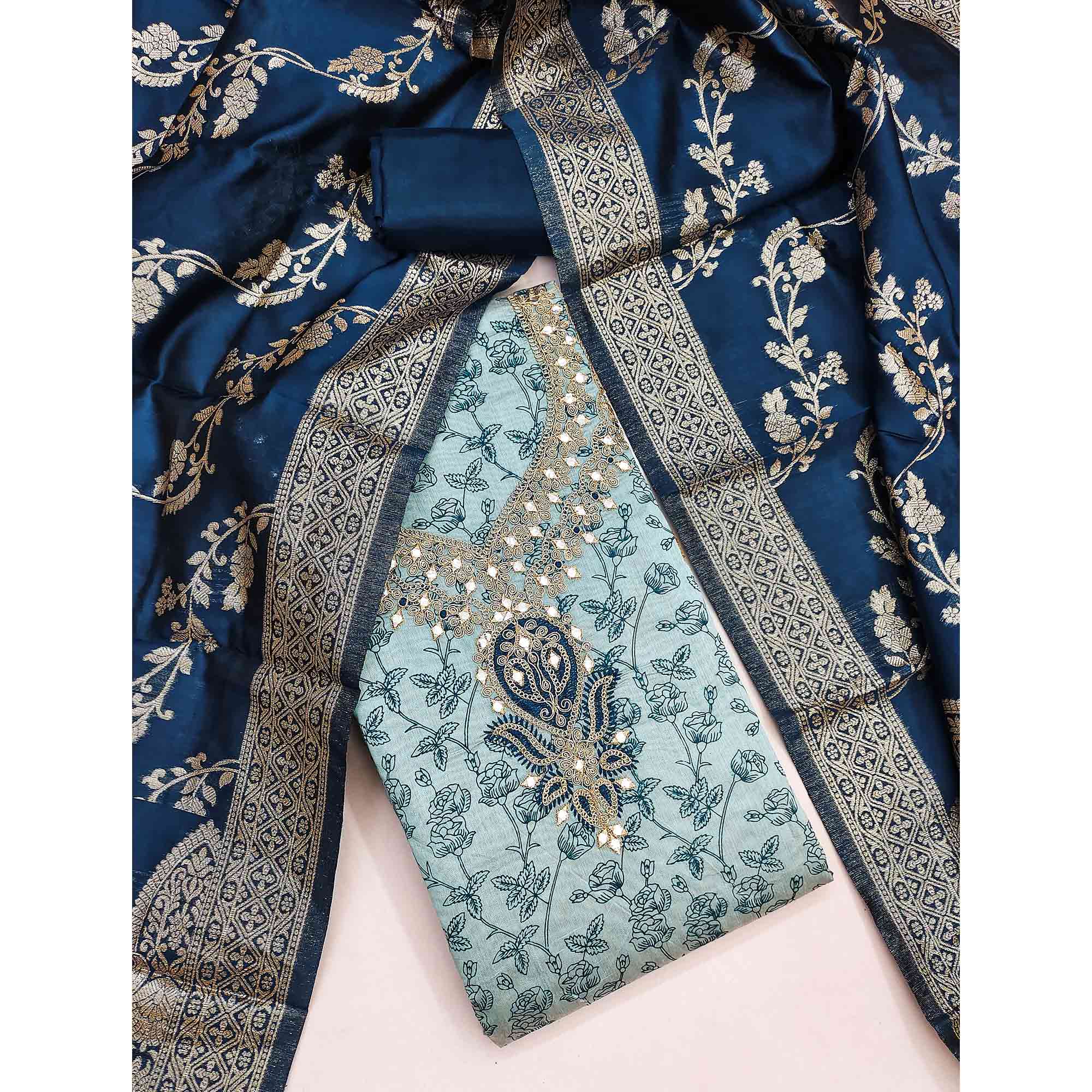 Blue Chanderi Silk Dress Material Featuring Floral Print & Cording Embroidered Detailing