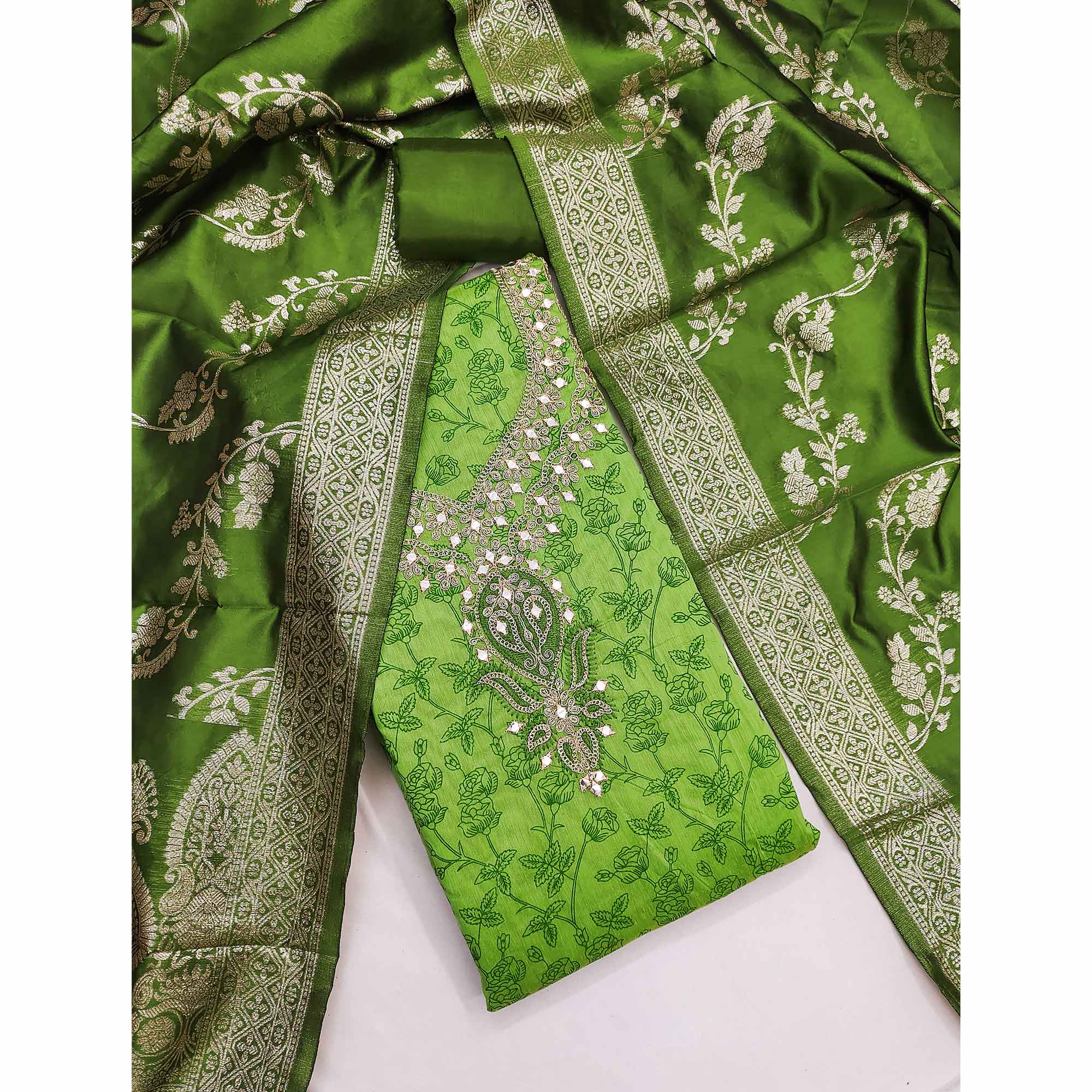 Green Chanderi Silk Dress Material Featuring Floral Print & Cording Embroidered Detailing