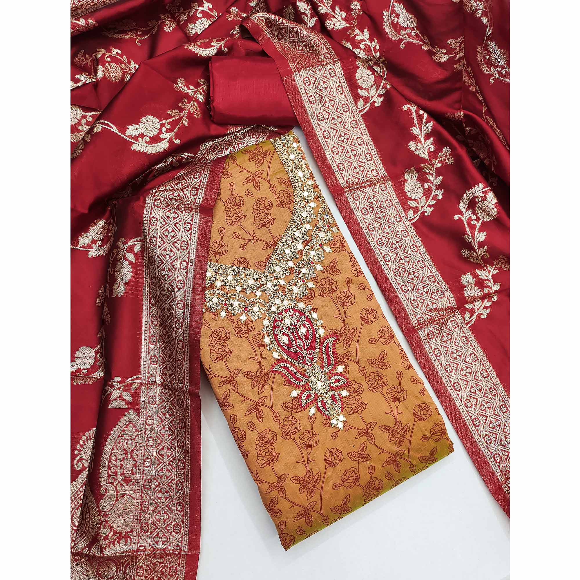 Orange Chanderi Silk Dress Material Featuring Floral Print & Cording Embroidered Detailing