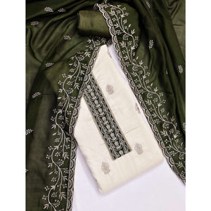 Cream & Mehendi Green Vichitra Silk Dress Material Featuring Intricate Floral Zari Embroidery