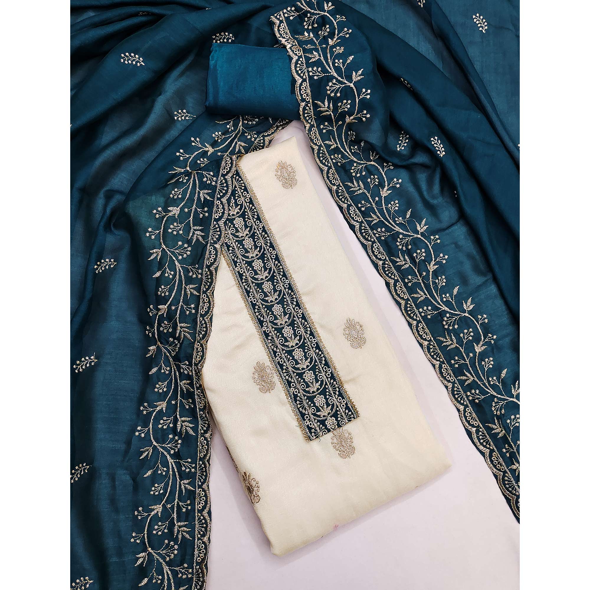 Cream & Morpich Vichitra Silk Dress Material Featuring Intricate Floral Zari Embroidery