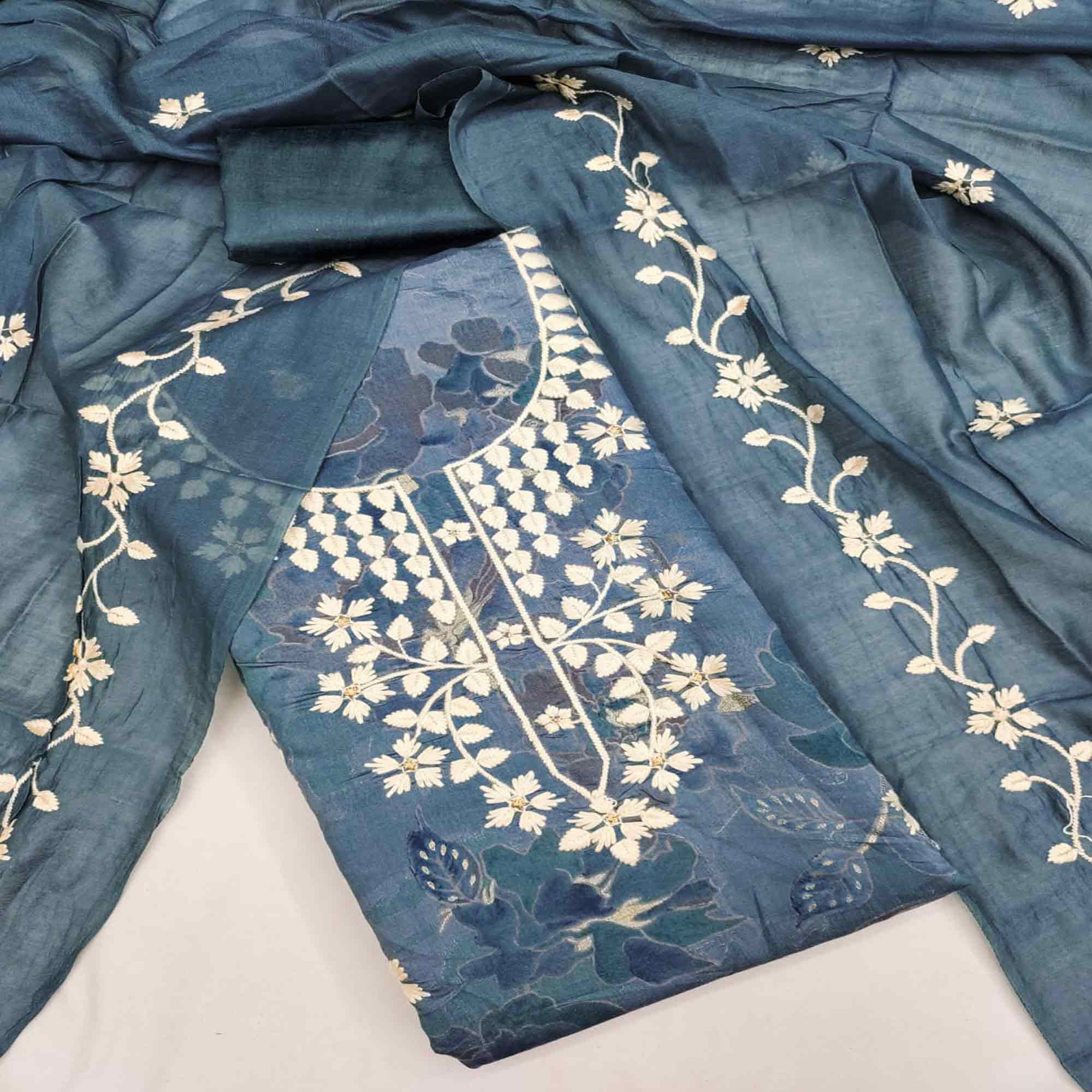 Graceful Greyish Blue Floral Embroidered Chanderi Cotton Dress Material