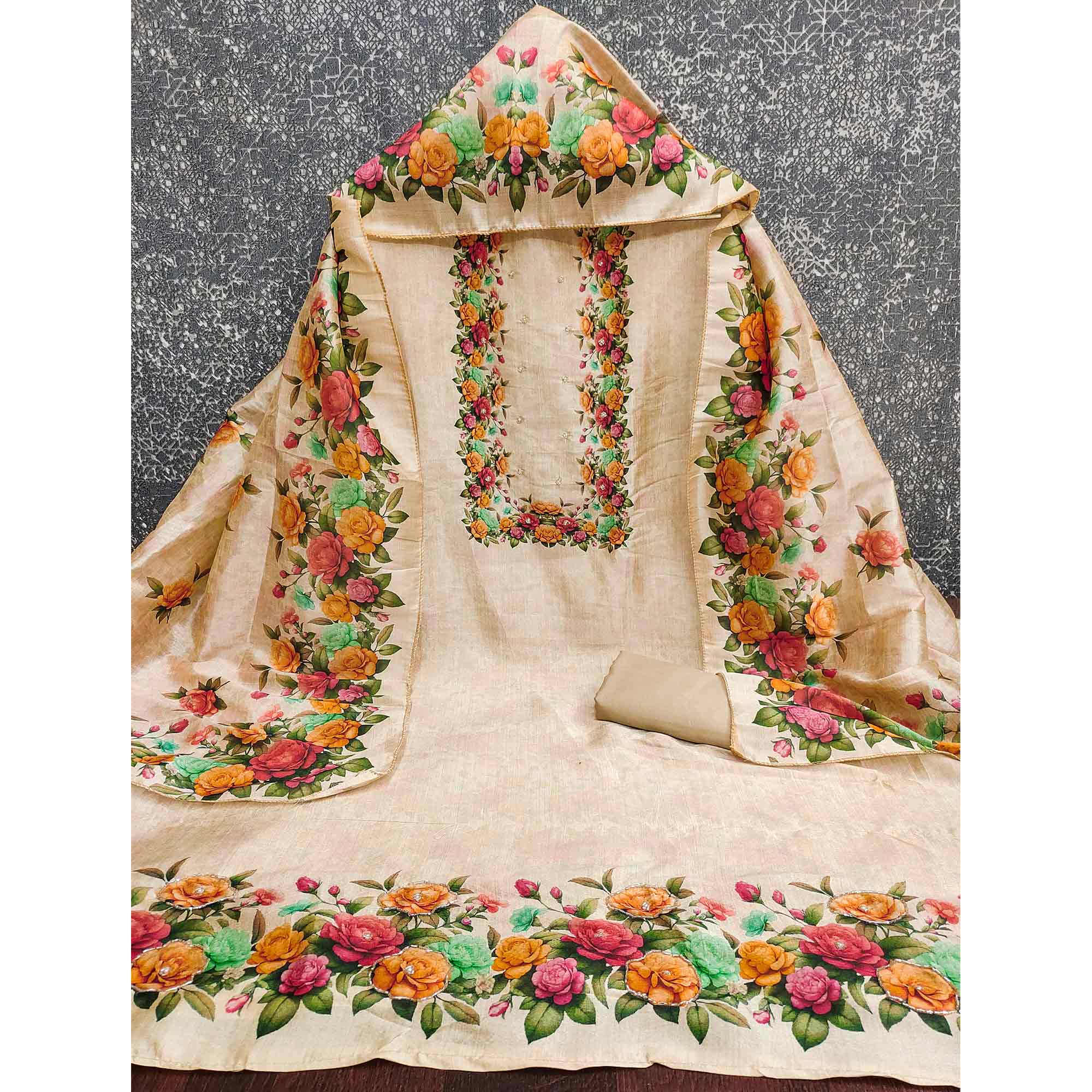 Stylish Chikoo Assam Art Silk Dress Material Accented With Floral Digital Print & Khatli Work