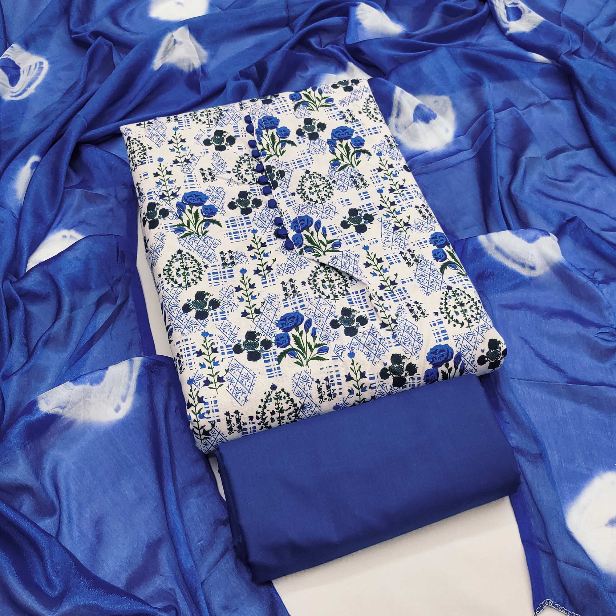 Lightweight Cream & Blue Cotton Dress Material with Beautiful Floral Print Detailing