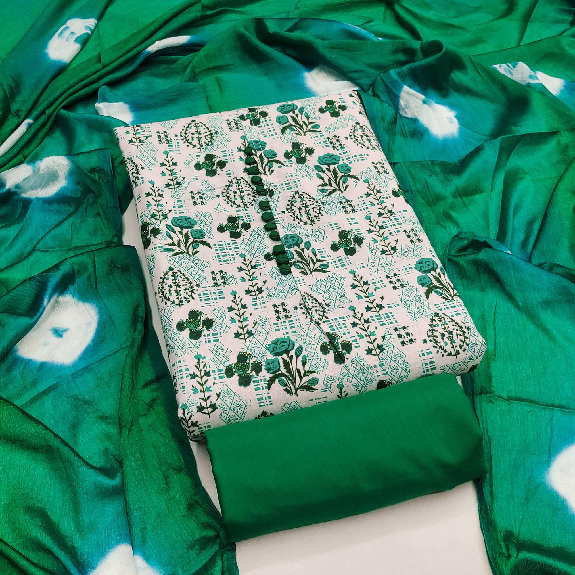 Lightweight Cream & Green Cotton Dress Material with Beautiful Floral Print Detailing