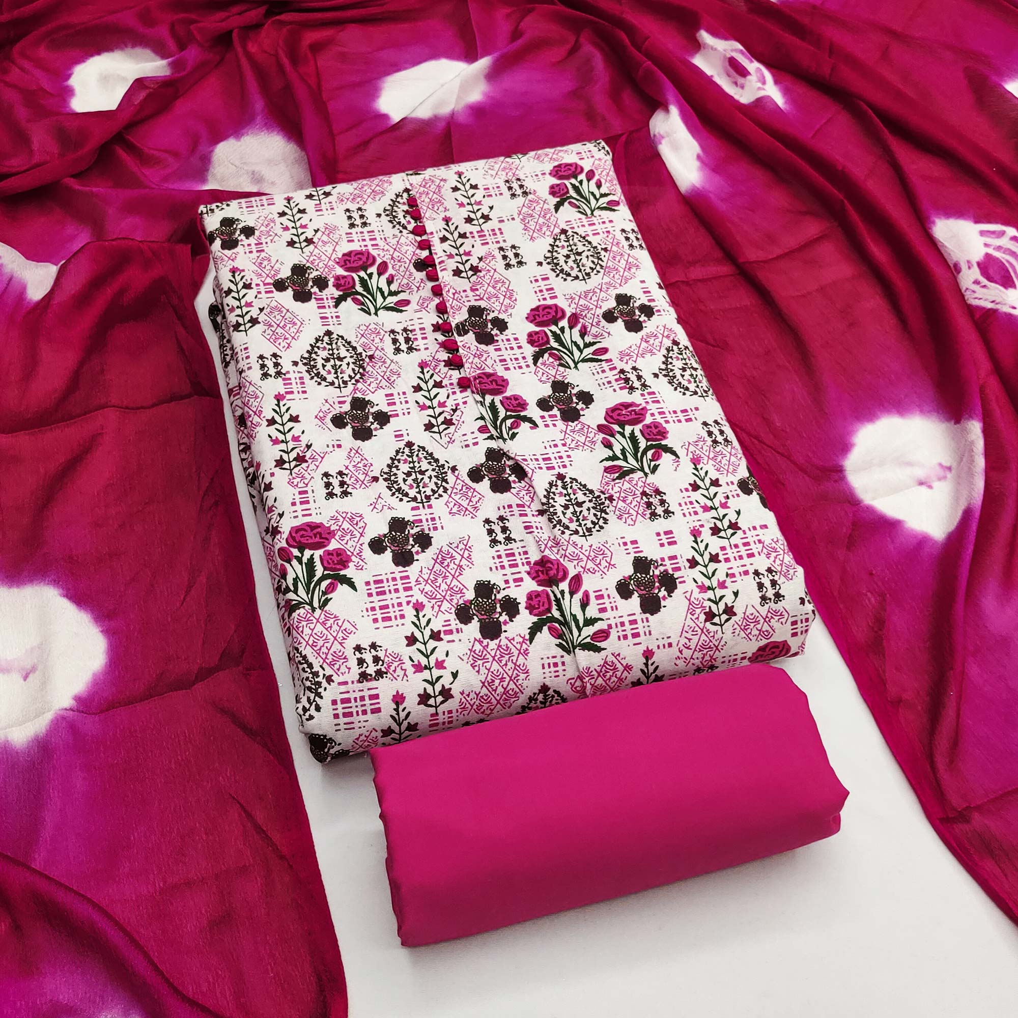 Lightweight Cream & Pink Cotton Dress Material with Beautiful Floral Print Detailing