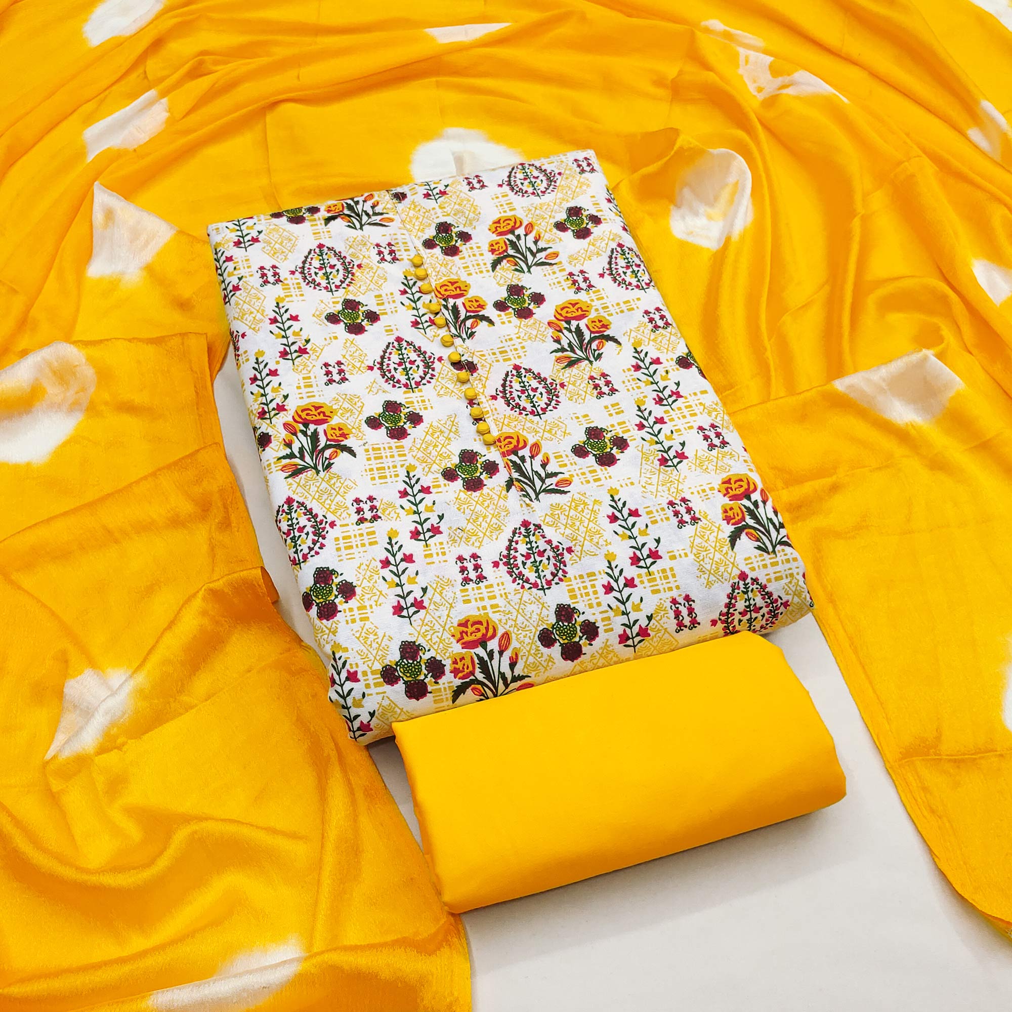 Lightweight Cream & Yellow Cotton Dress Material with Beautiful Floral Print Detailing