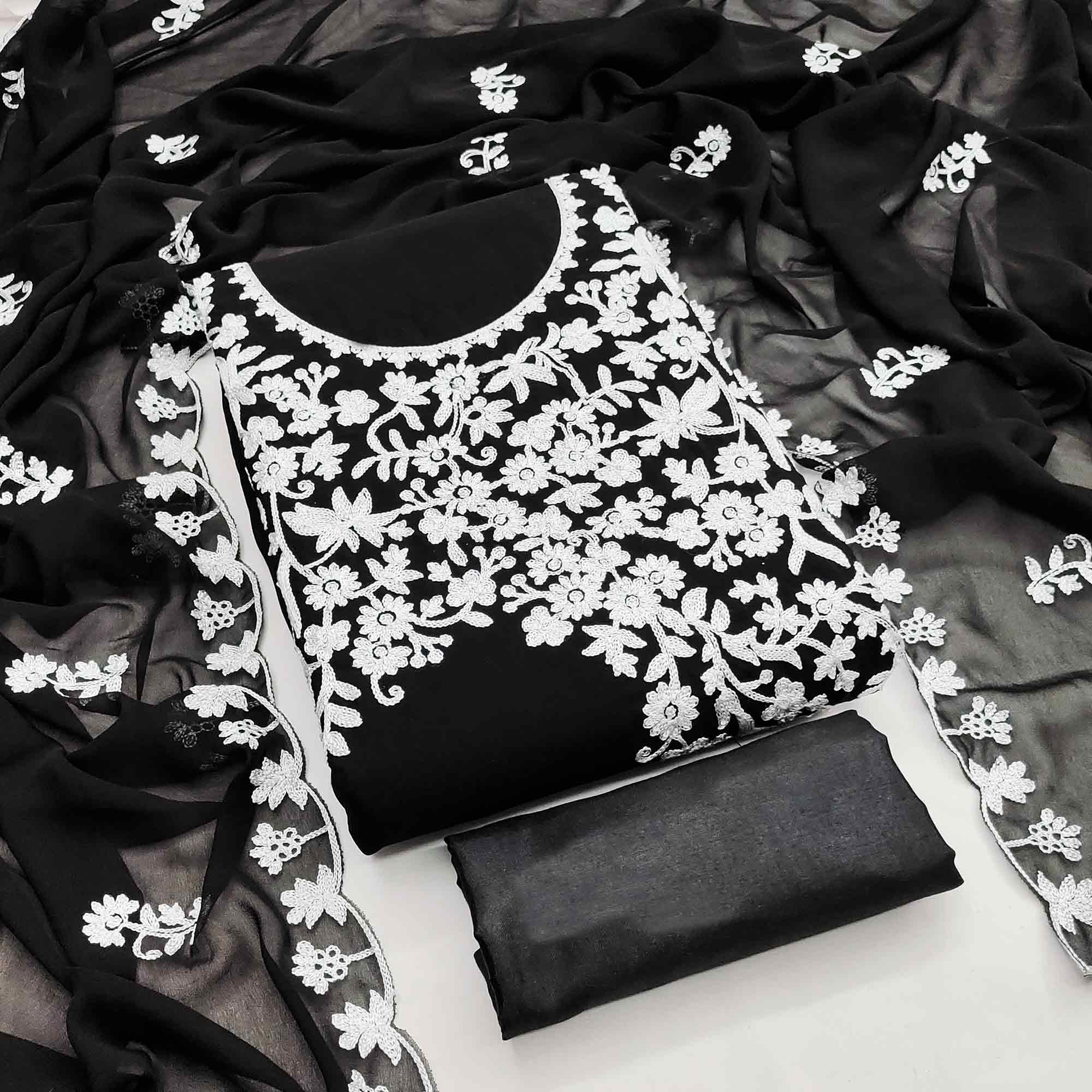 Designer Black Floral Embroidered Georgette Material for Stylish Dresses and Outfits