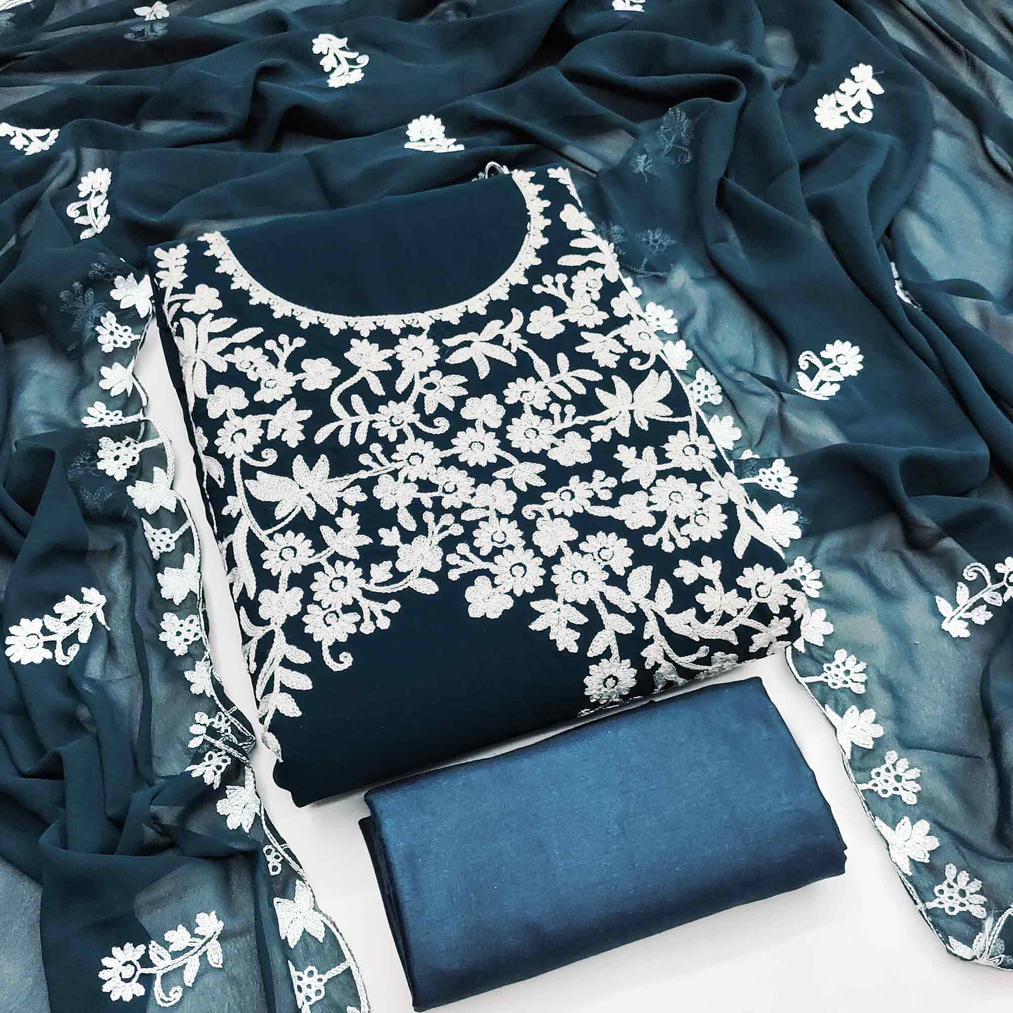 Designer Dark Teal Floral Embroidered Georgette Material for Stylish Dresses and Outfits