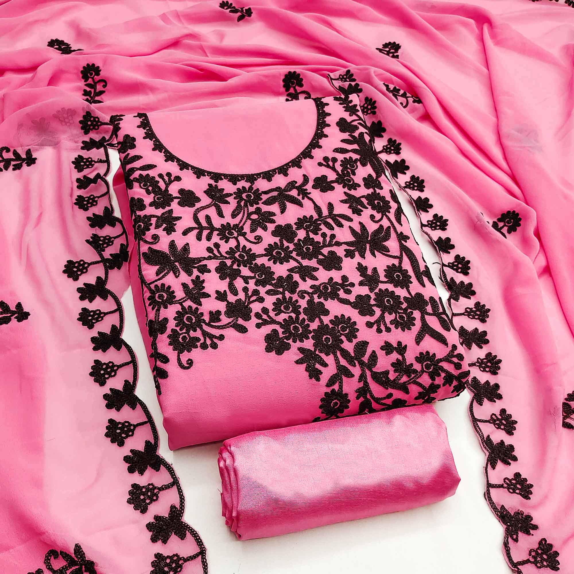 Designer Pink Floral Embroidered Georgette Material for Stylish Dresses and Outfits