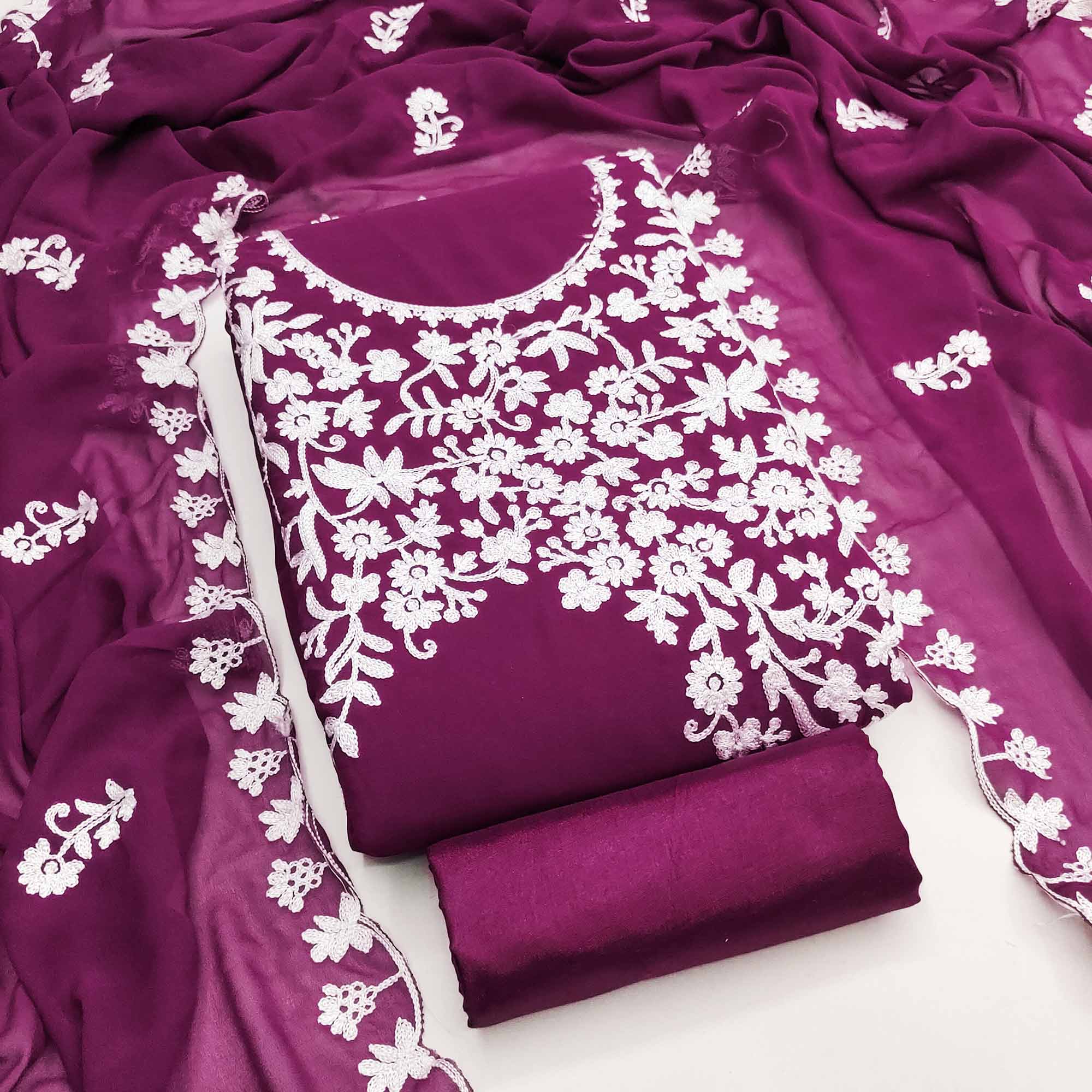 Designer Plum Purple Floral Embroidered Georgette Material for Stylish Dresses and Outfits