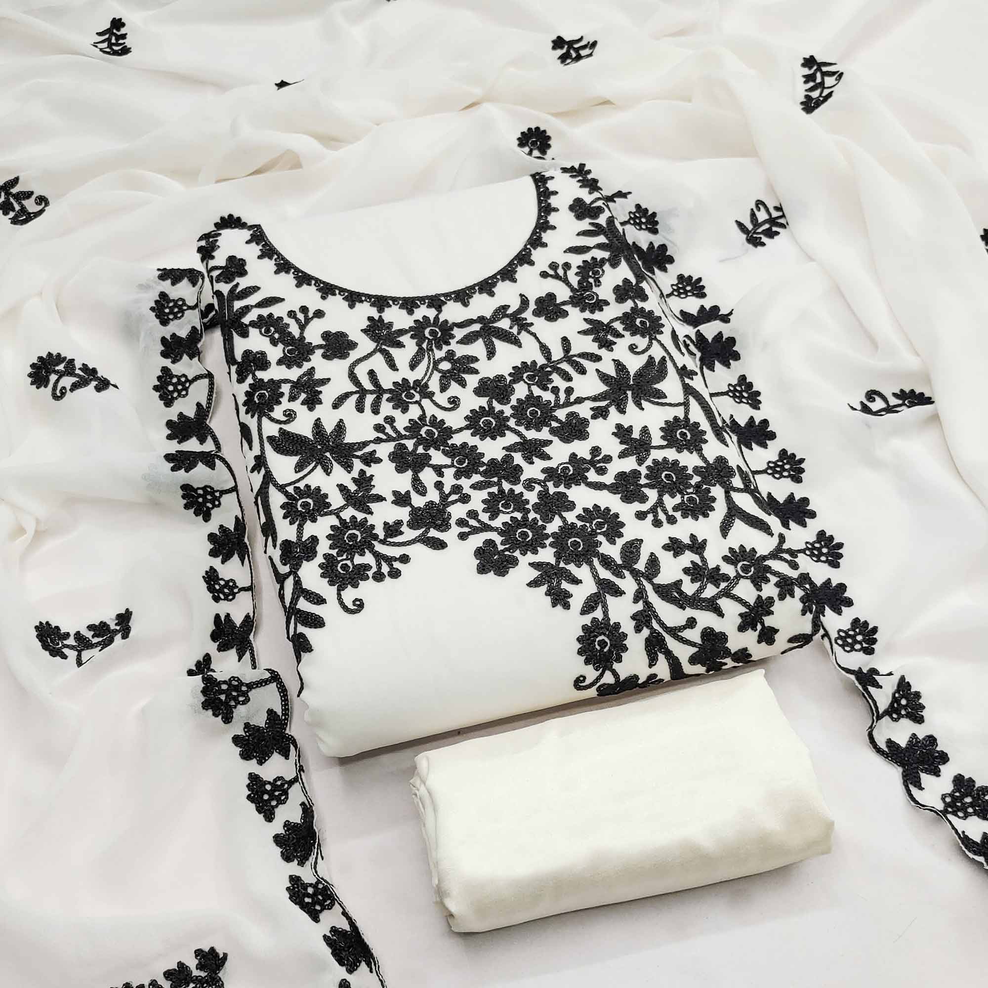 Designer White Floral Embroidered Georgette Material for Stylish Dresses and Outfits