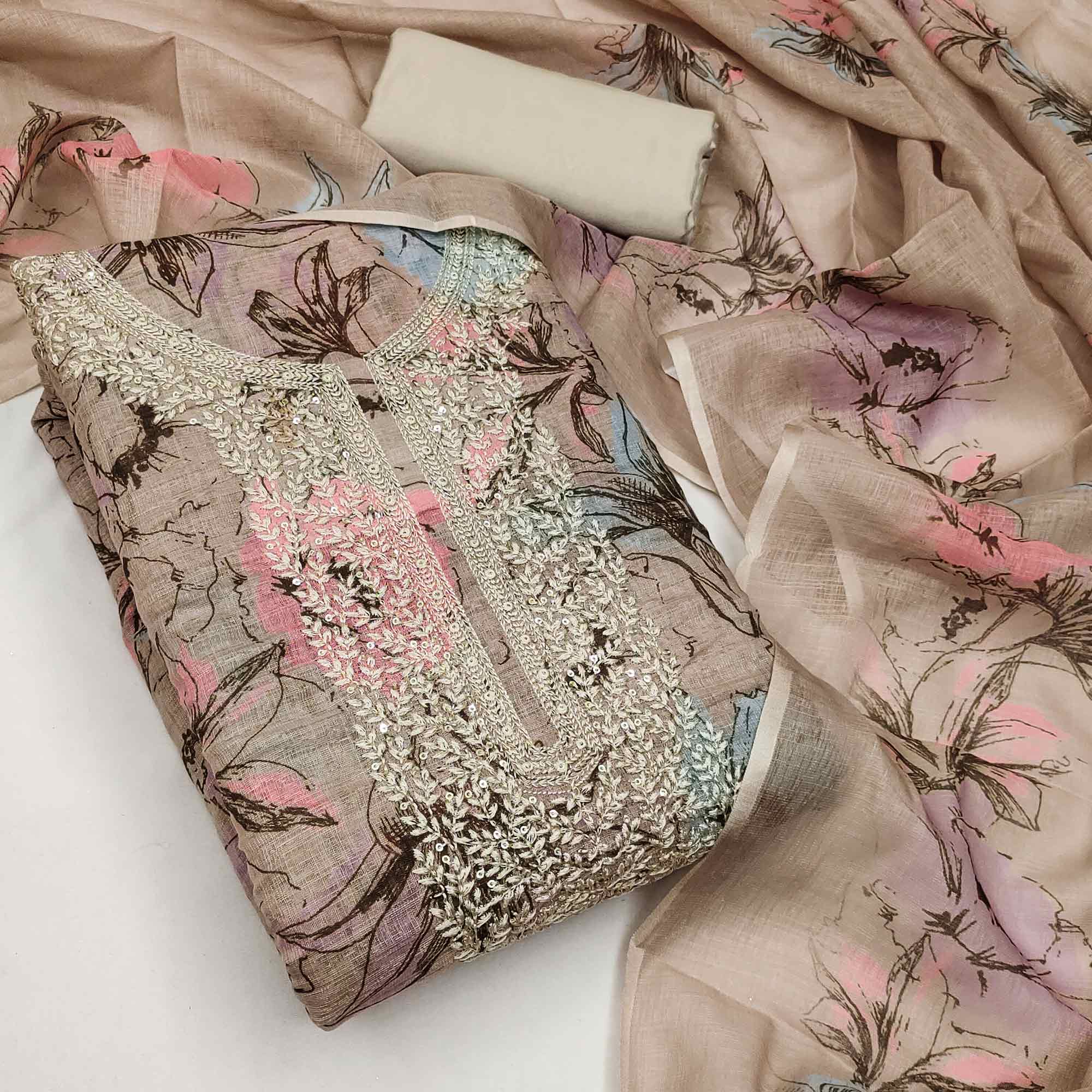 Brown Floral Digital Printed Cotton Blend Dress Material With Sparkling Sequins Embroidery