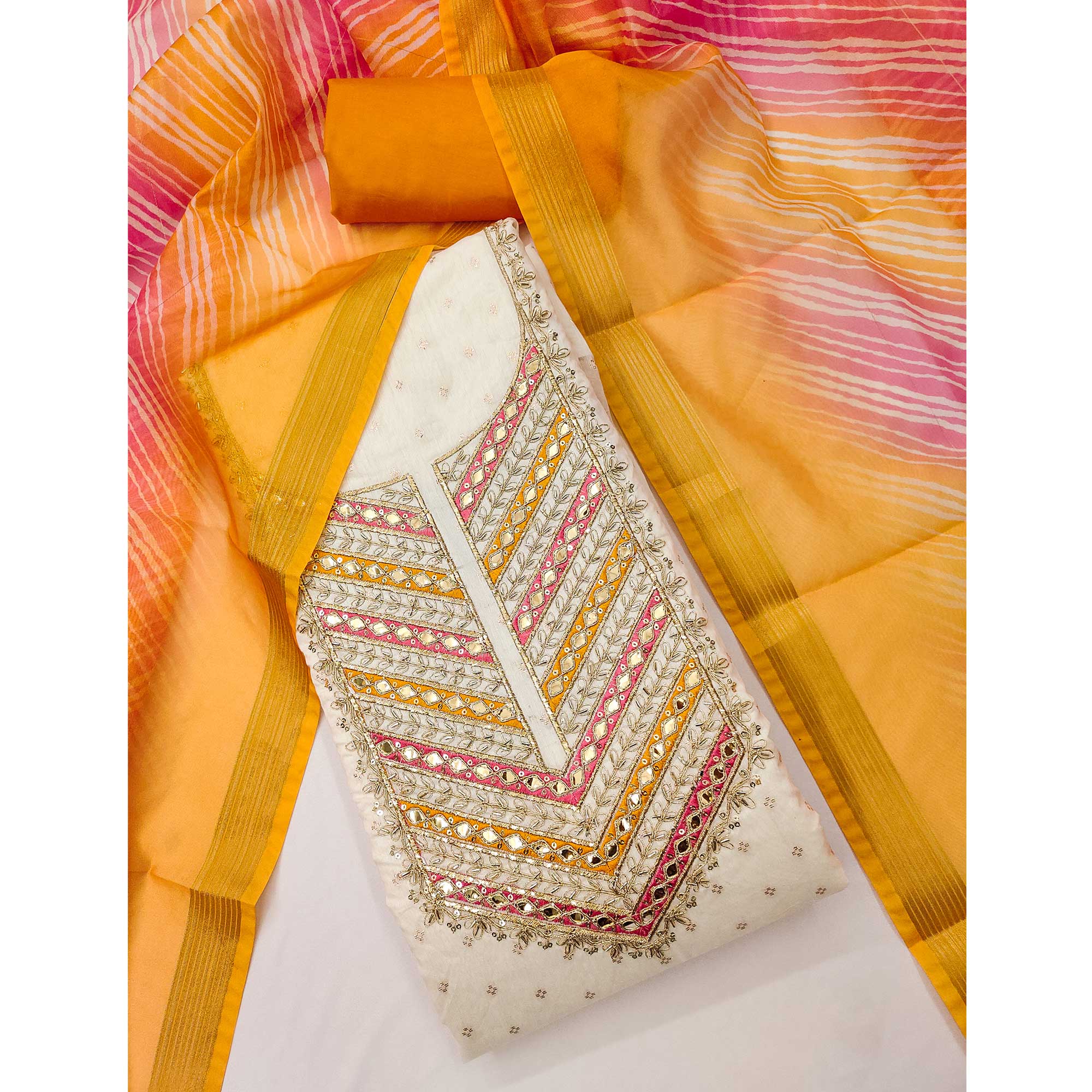 Offwhite & Orange Butti Weaving Chanderi Silk Dress Material Enhanced With Cording Embroidery