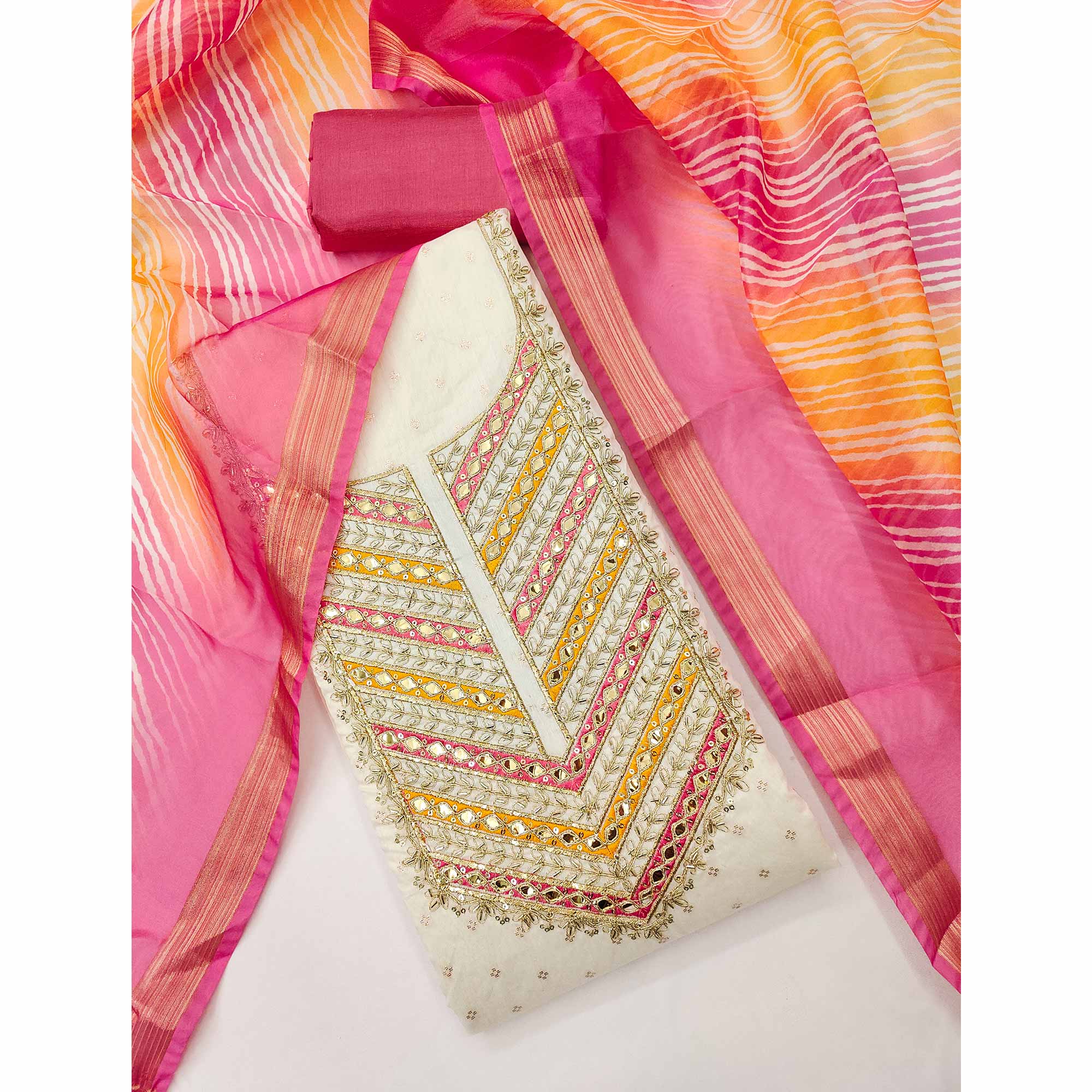 Offwhite & Pink Butti Weaving Chanderi Silk Dress Material Enhanced With Cording Embroidery