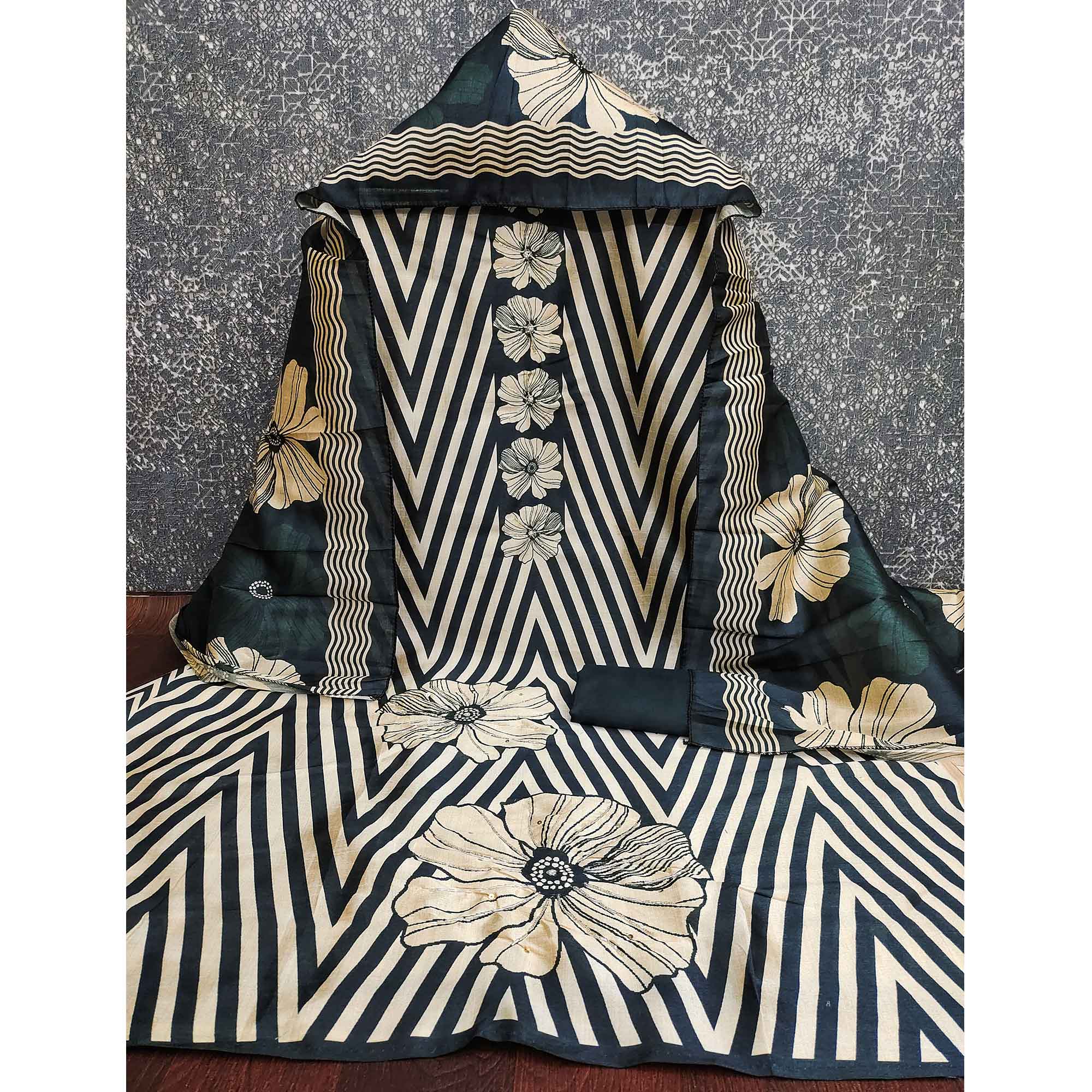 Black Floral Digital Printed Assam Art Silk Dress Material Adorned With Beads & Sequins Work