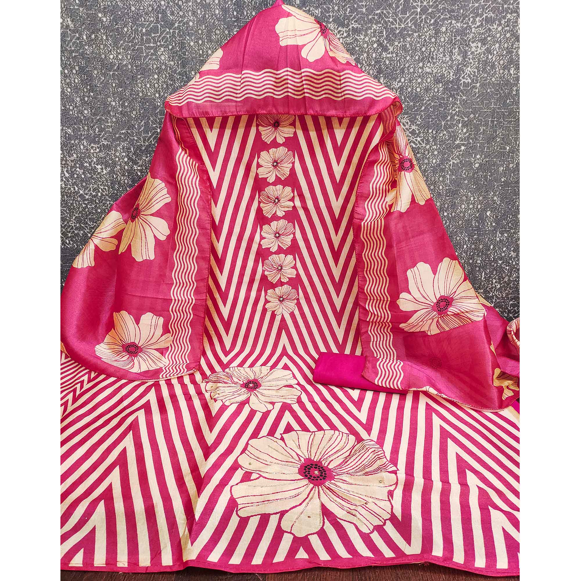 Pink Floral Digital Printed Assam Art Silk Dress Material Adorned With Beads & Sequins Work