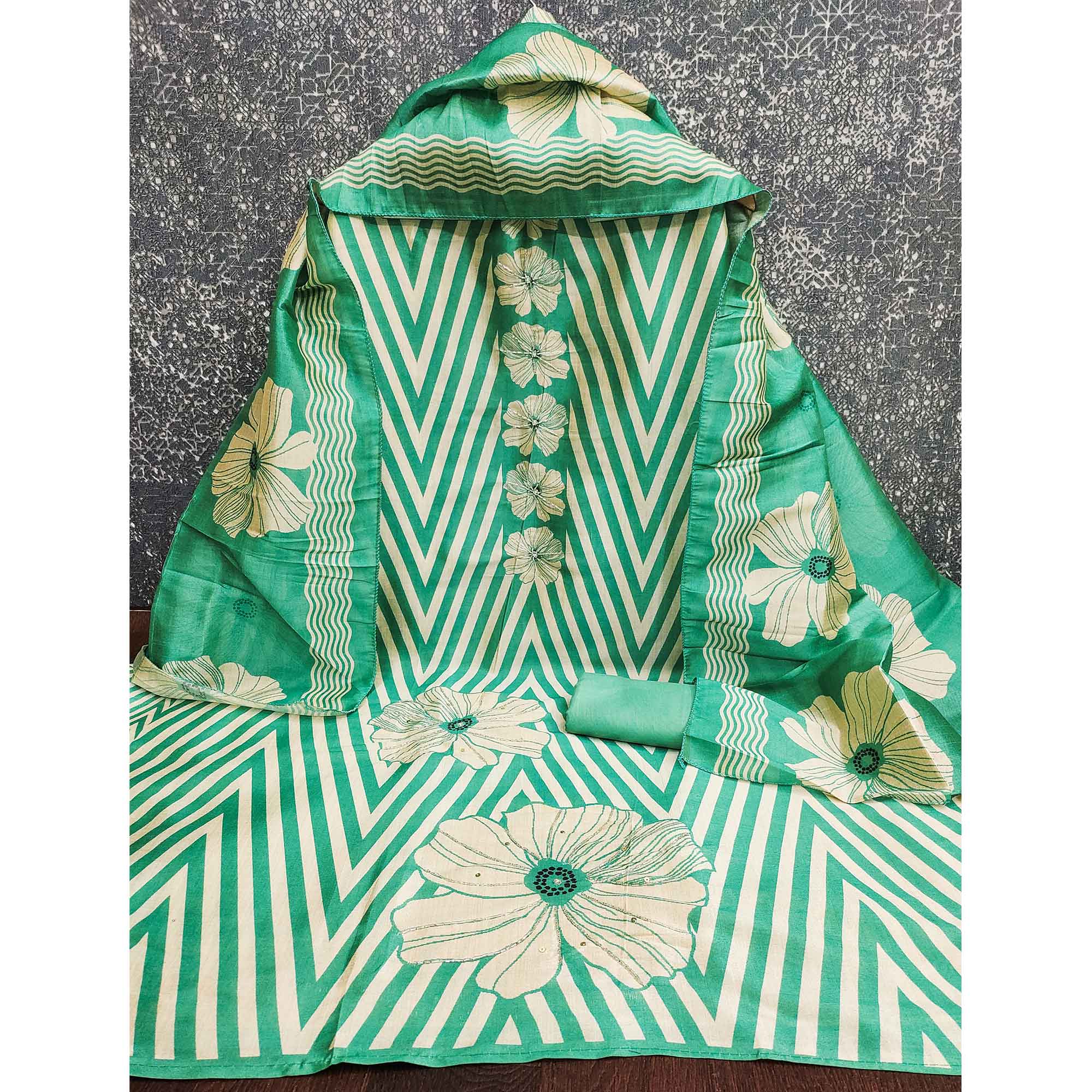 Rama Green Floral Digital Printed Assam Art Silk Dress Material Adorned With Beads & Sequins Work