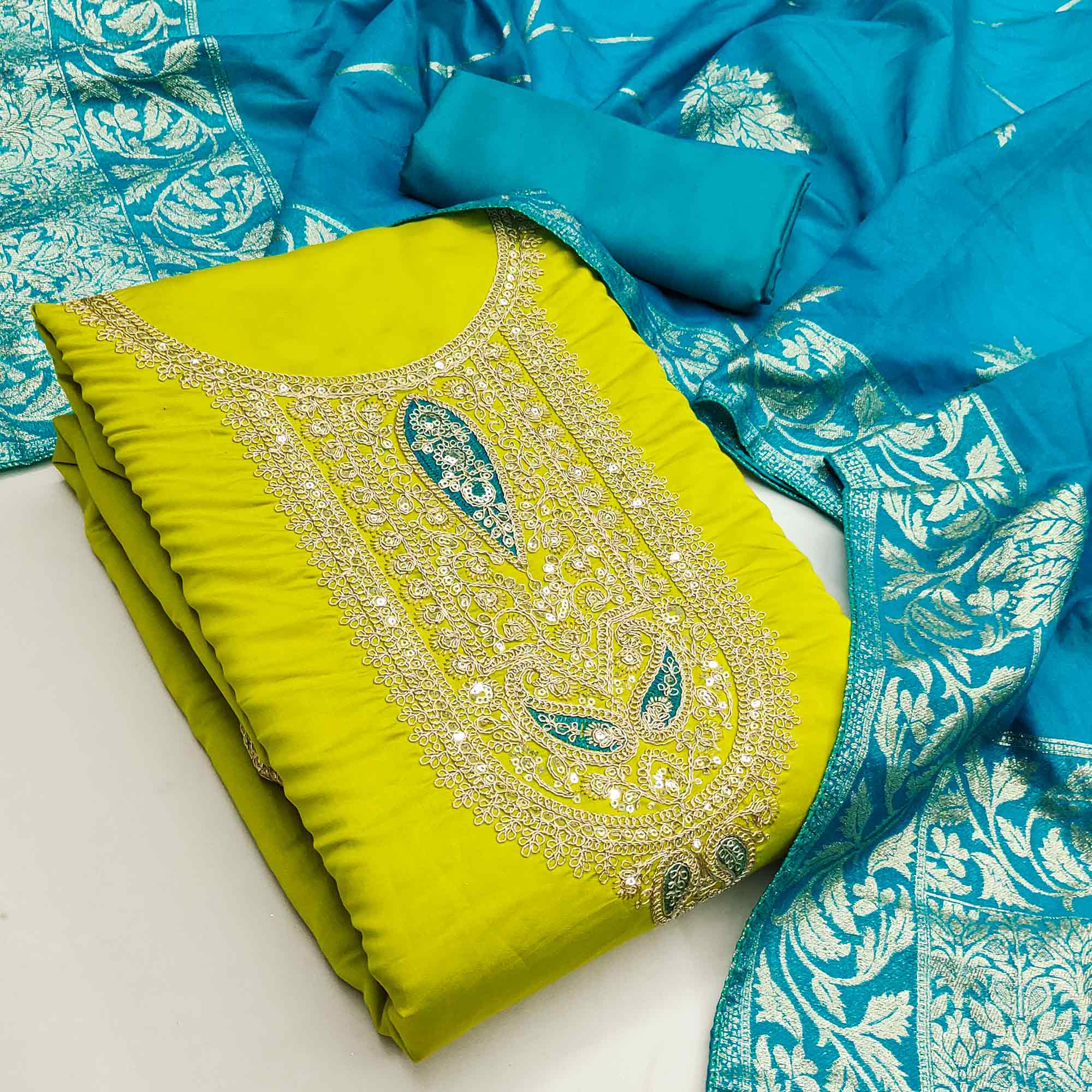 Graceful Green Silk Blend Dress Material Featuring Floral Cording Embroidery With Sequins Detailing