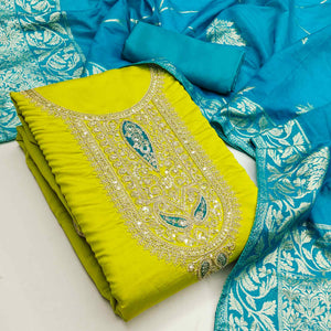 Graceful Green Silk Blend Dress Material Featuring Floral Cording Embroidery With Sequins Detailing