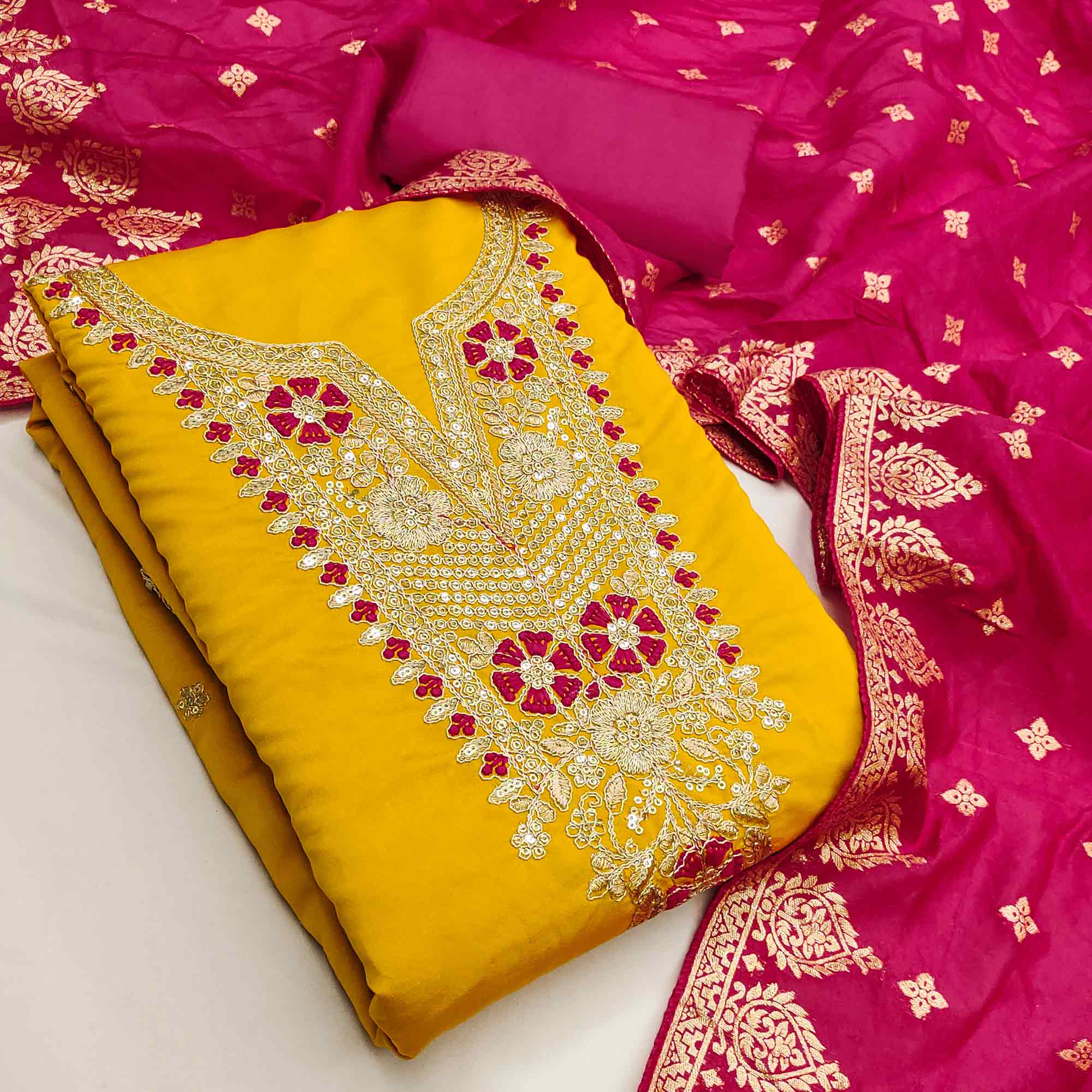 Graceful Mustard Silk Blend Dress Material Featuring Floral Cording Embroidery With Sequins Detailing