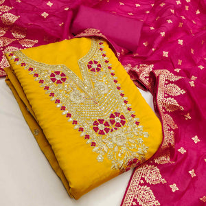 Graceful Mustard Silk Blend Dress Material Featuring Floral Cording Embroidery With Sequins Detailing