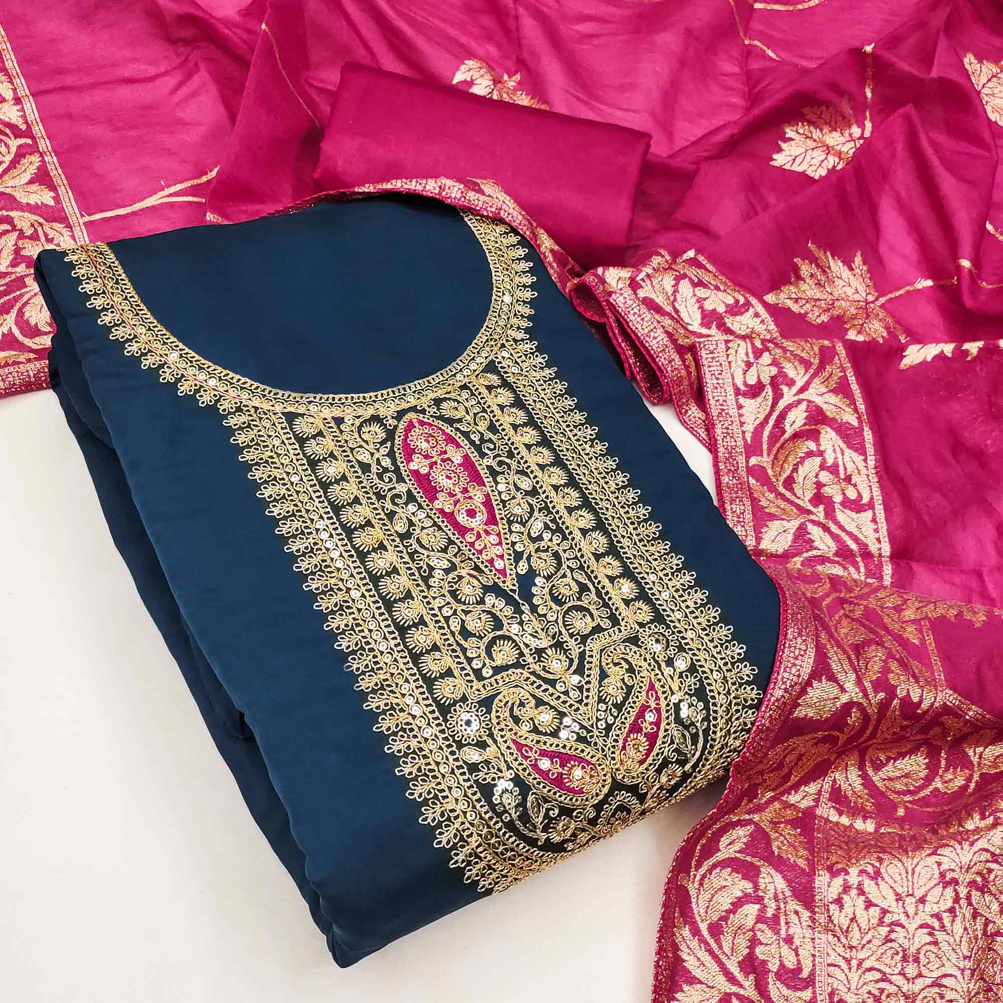 Stylish Blue Floral Cording Embroidered Silk Blend Dress Material Accented With Sequins Work