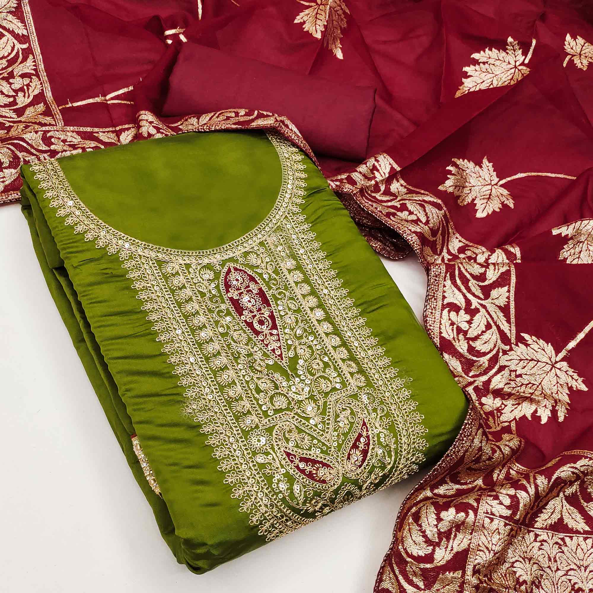 Stylish Green Floral Cording Embroidered Silk Blend Dress Material Accented With Sequins Work