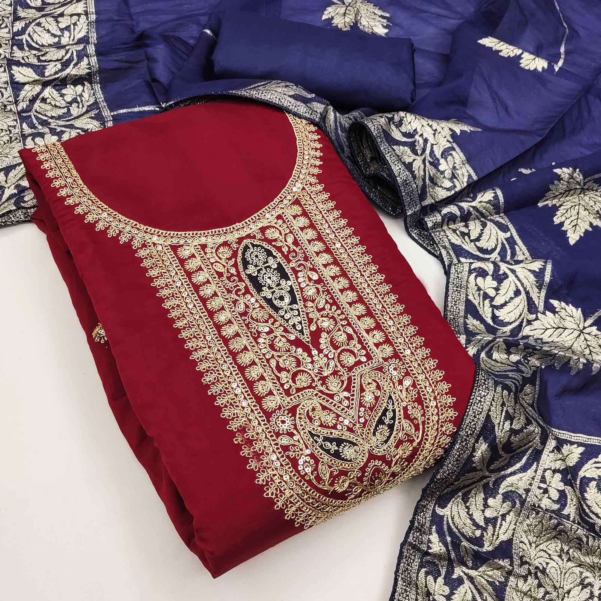 Stylish Maroon Floral Cording Embroidered Silk Blend Dress Material Accented With Sequins Work